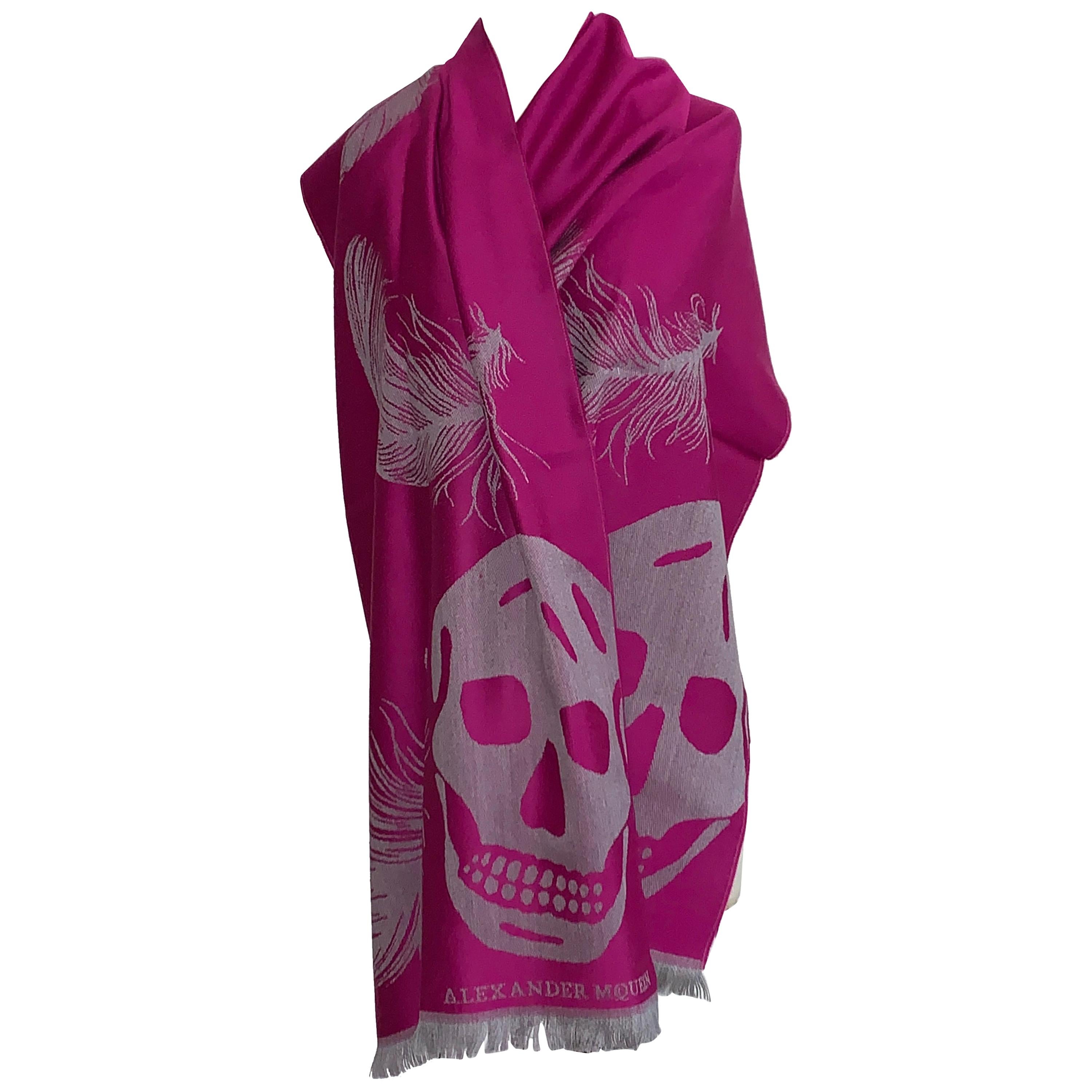 New Alexander McQueen Feather and Skull Scarf in Fuchsia