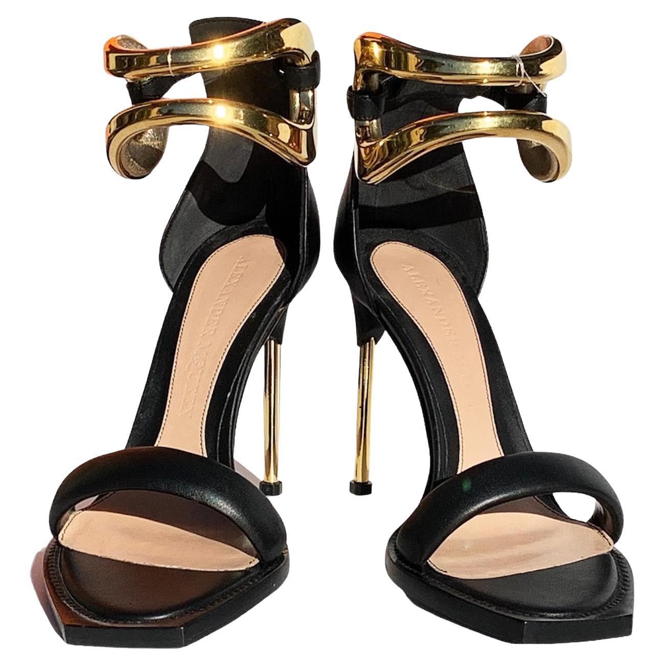 New Alexander McQueen Leather Metal Ankle Wrap Black Shoes Sandals Italian 40 For Sale