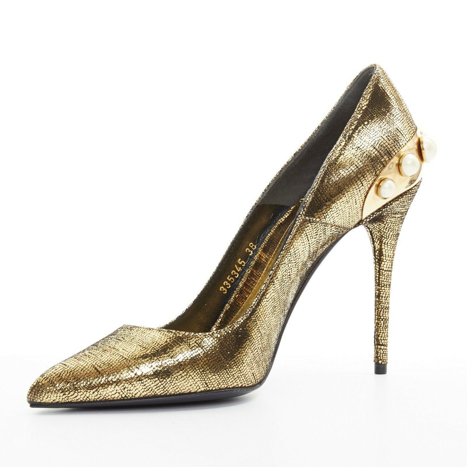 new ALEXANDER MCQUEEN metallic gold leather pearl embellished pointy heel EU38 In Good Condition In Hong Kong, NT