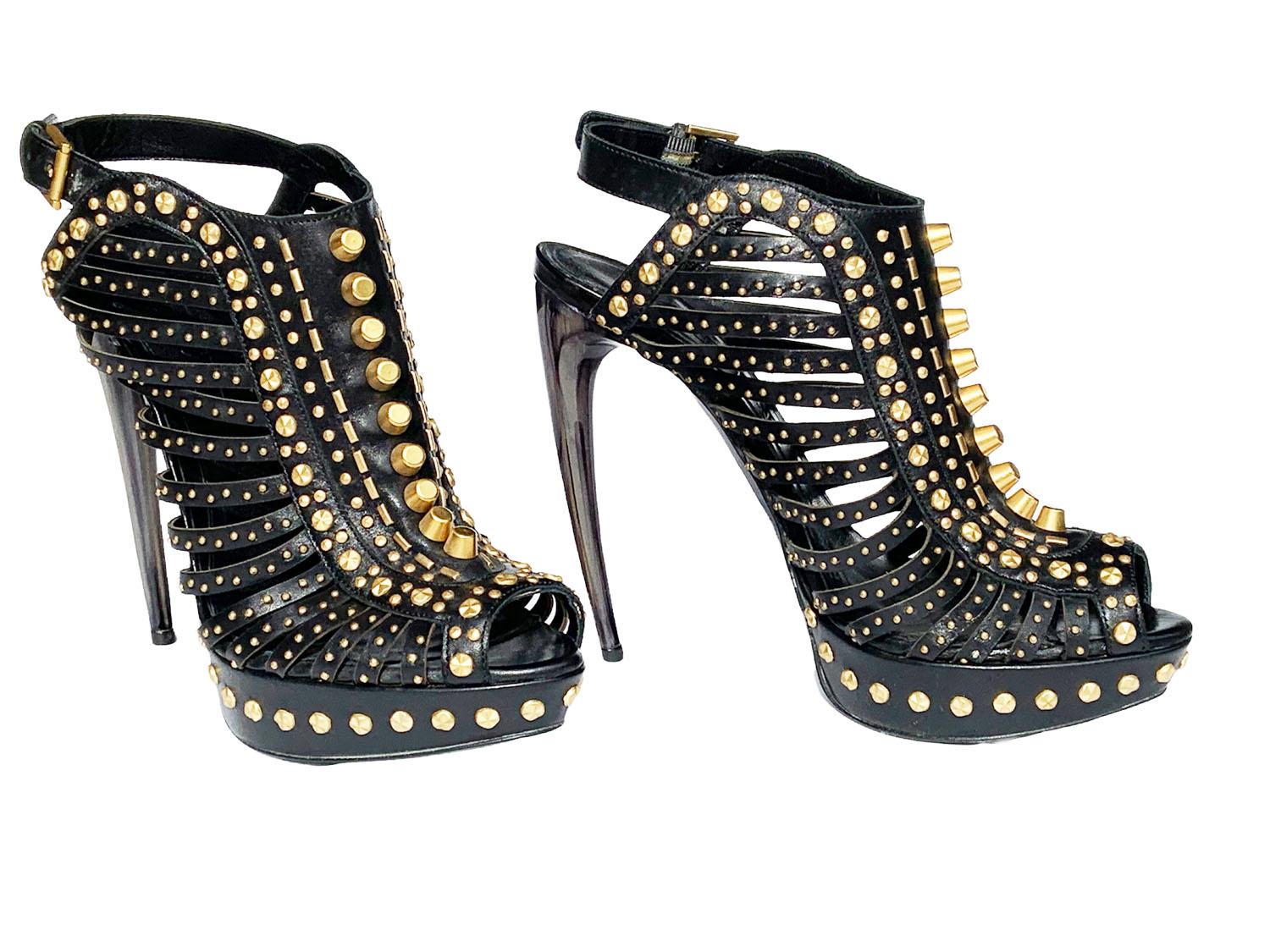 Black New Alexander McQueen S/S 2012 Leather Studded Horn Heel Platform Sandals 38.5  For Sale