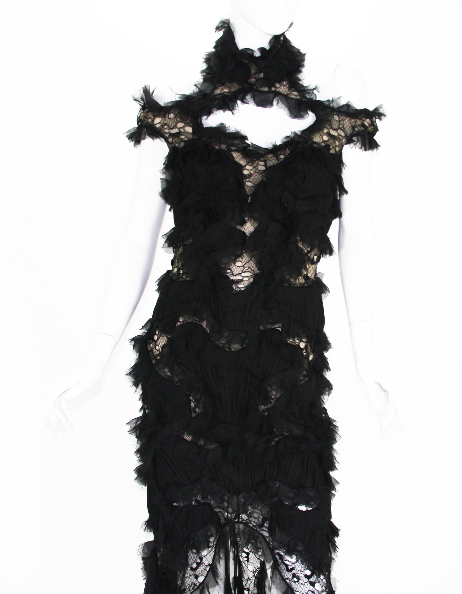 New Alexander McQueen S/S 2012 Runway Lace Beaded Silk-Chiffon Black Gown 42 - 6 3