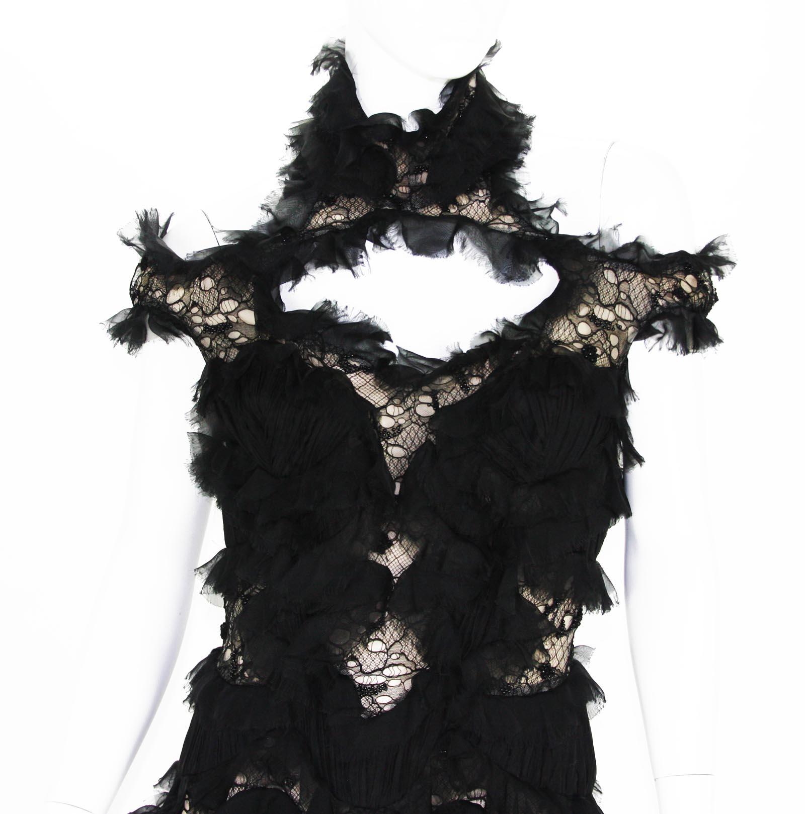 New Alexander McQueen S/S 2012 Runway Lace Beaded Silk-Chiffon Black Gown 42 - 6 4
