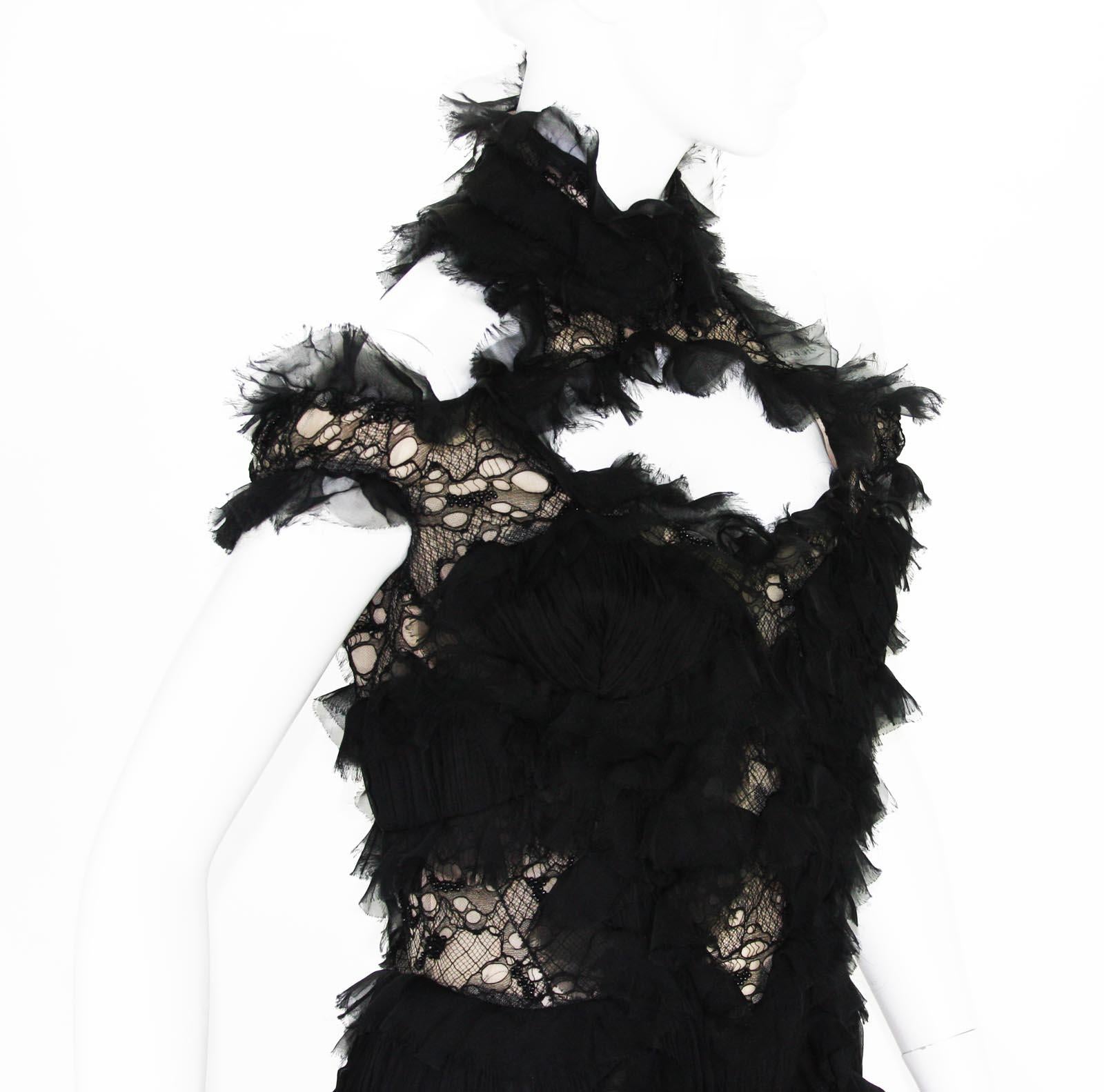 New Alexander McQueen S/S 2012 Runway Lace Beaded Silk-Chiffon Black Gown 42 - 6 5