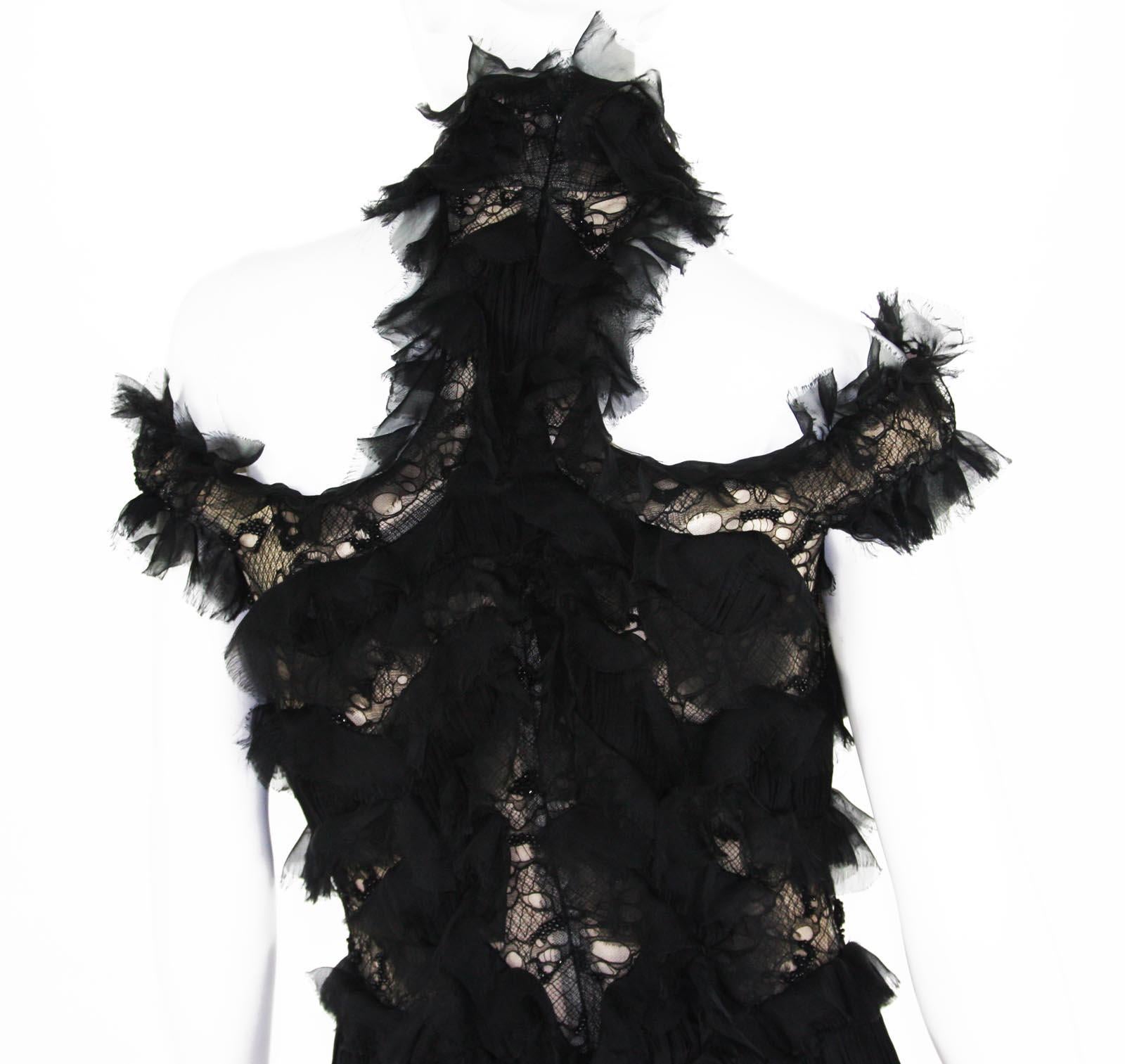 New Alexander McQueen S/S 2012 Runway Lace Beaded Silk-Chiffon Black Gown 42 - 6 6