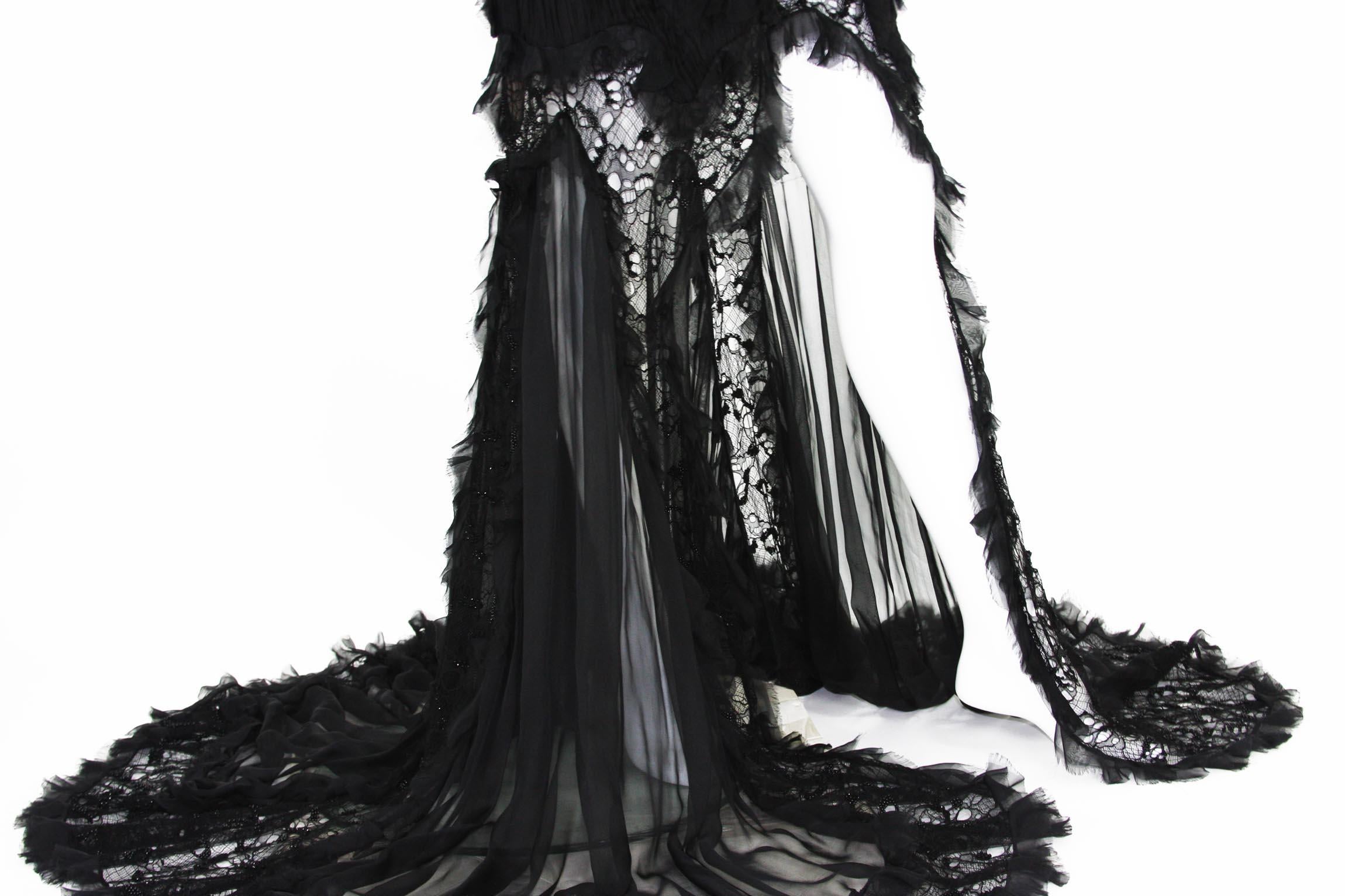 New Alexander McQueen S/S 2012 Runway Lace Beaded Silk-Chiffon Black Gown 42 - 6 7