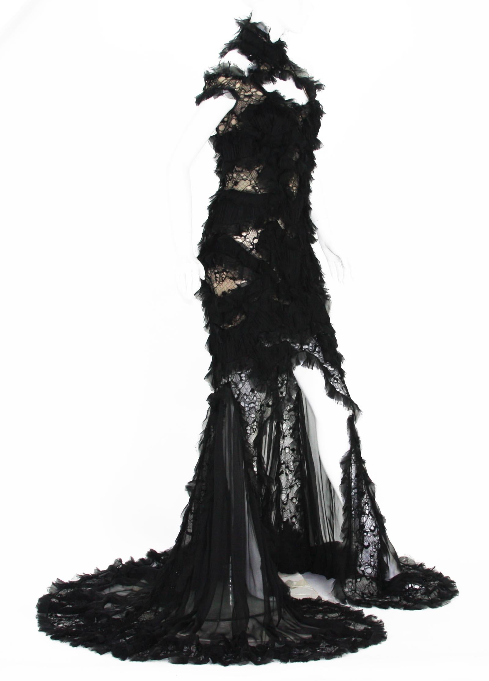 New Alexander McQueen S/S 2012 Runway Lace Beaded Silk-Chiffon Black Gown 42 - 6 1