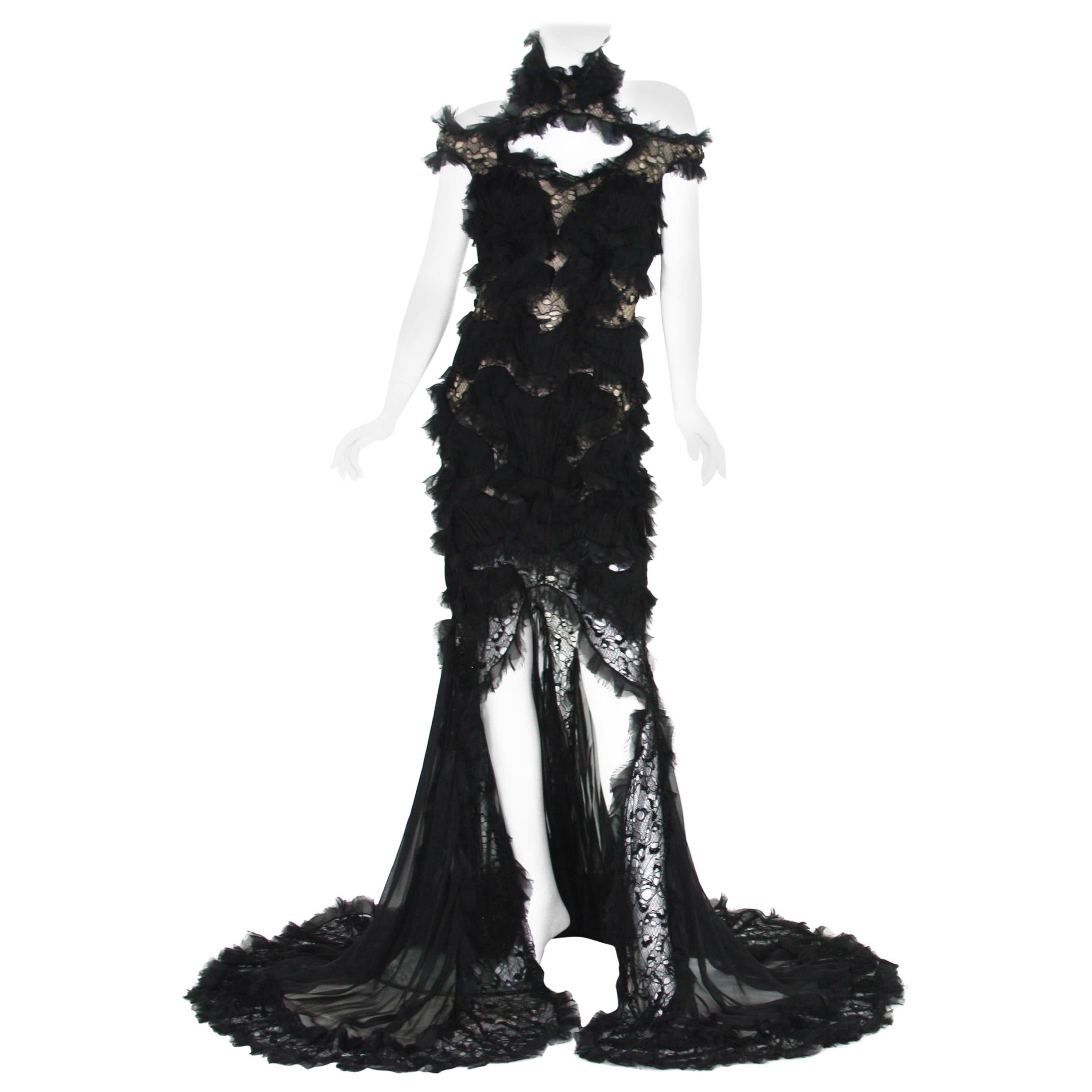 New Alexander McQueen S/S 2012 Runway Lace Beaded Silk-Chiffon Black Gown 42 - 6