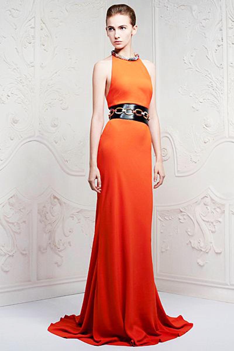 New Alexander McQueen S/S 2013 Red Carpet Jeweled Orange Halter Stretch Dress 38 For Sale 2