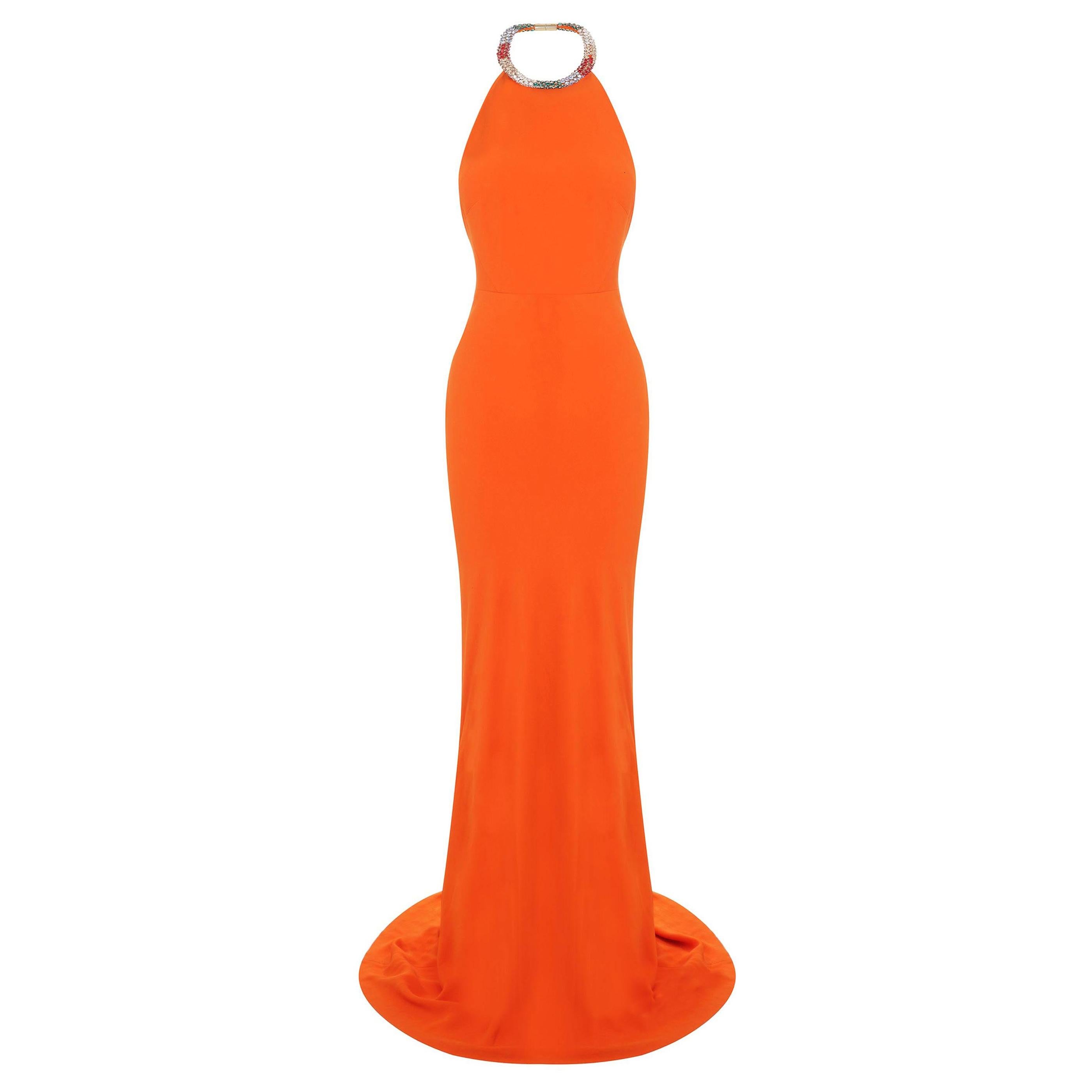 New Alexander McQueen S/S 2013 Red Carpet Jeweled Orange Halter Stretch Dress 38 For Sale