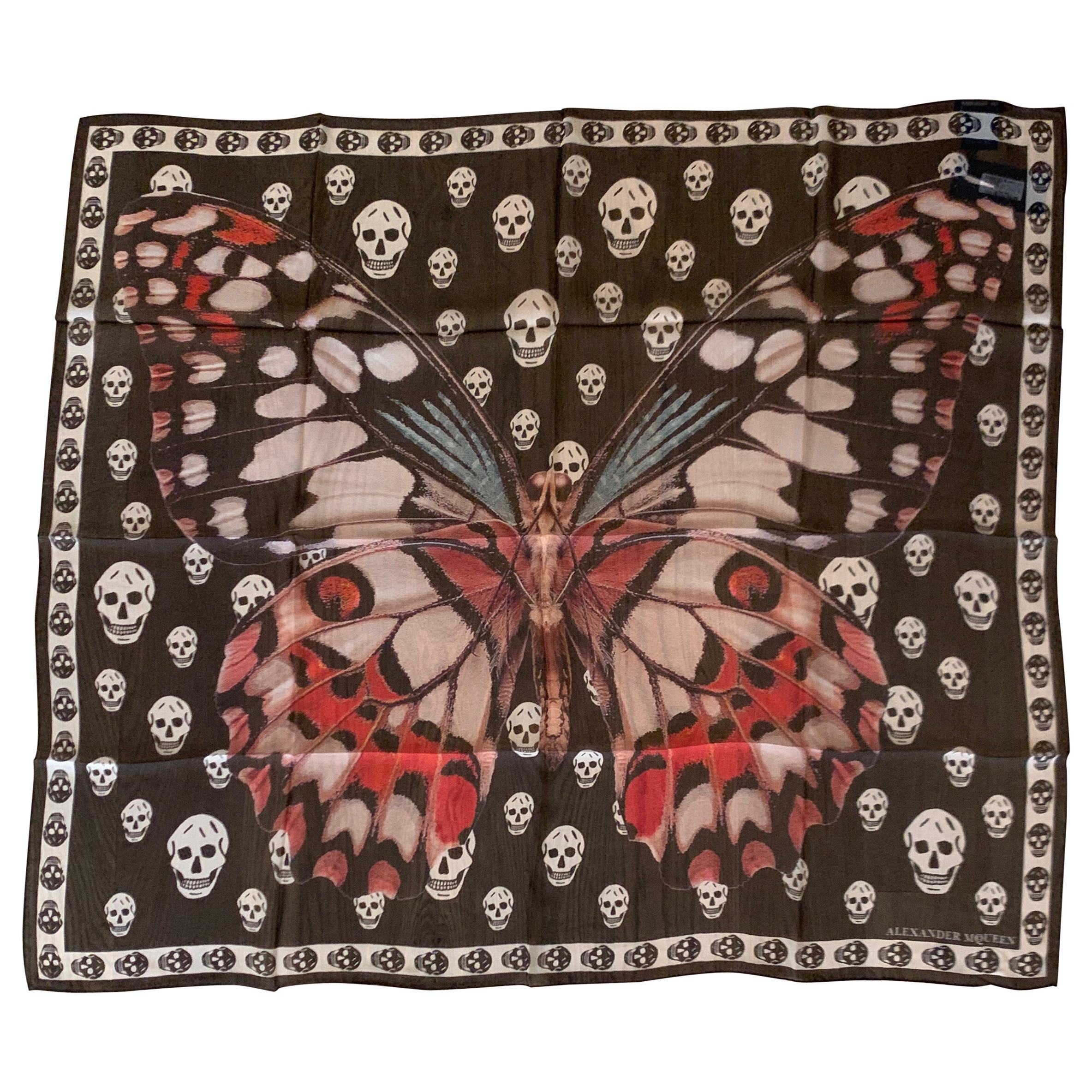 New Alexander Mcqueen Silk Butterfly and Skull Semi-Sheer Black Scarf 
