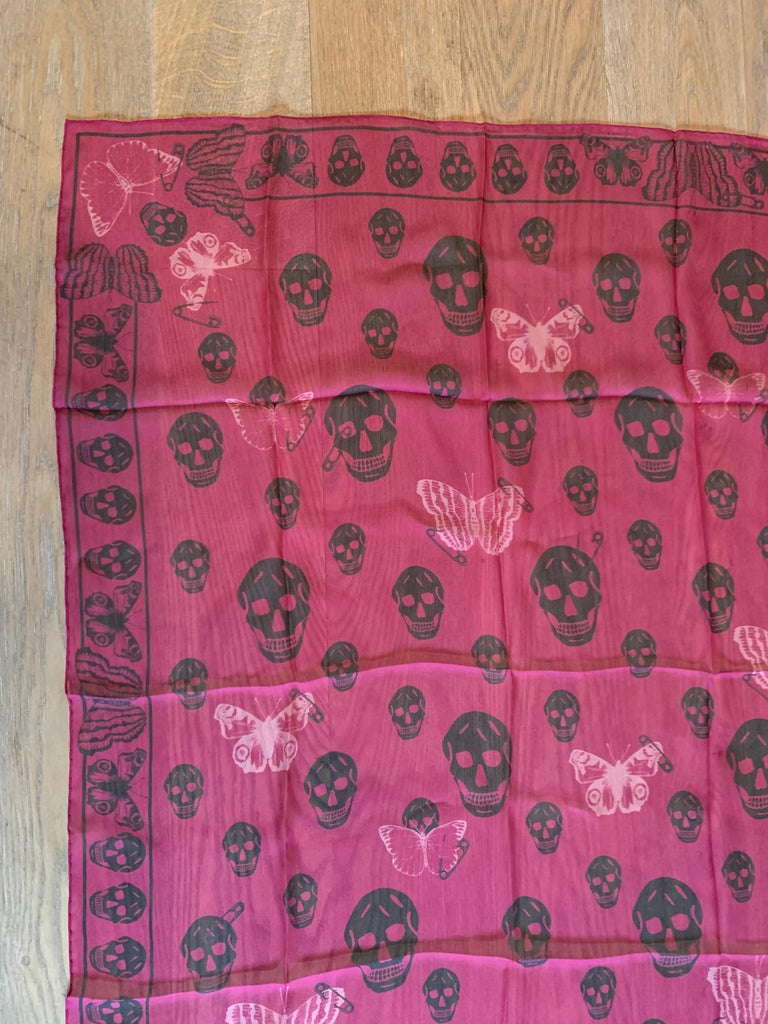 New Alexander Mcqueen Silk Butterfly and Skull Semi-Sheer Fuchsia Red Scarf  In New Condition For Sale In San Francisco, CA