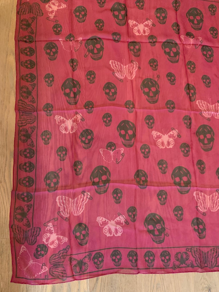 Women's or Men's New Alexander Mcqueen Silk Butterfly and Skull Semi-Sheer Fuchsia Red Scarf  For Sale