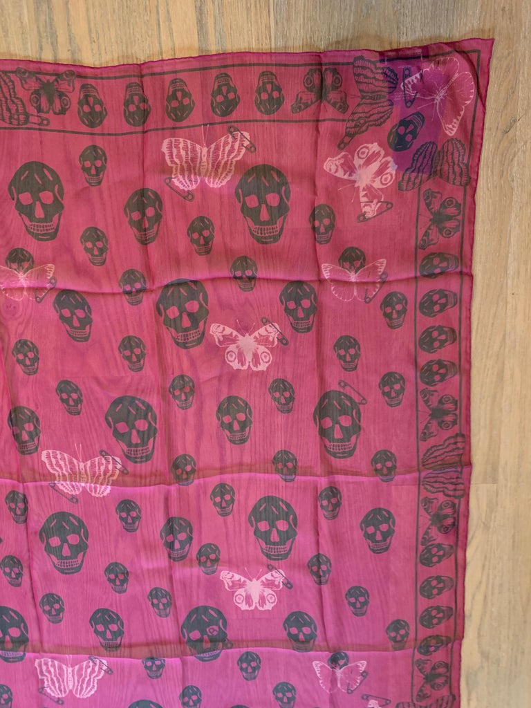 New Alexander Mcqueen Silk Butterfly and Skull Semi-Sheer Fuchsia Red Scarf  For Sale 1