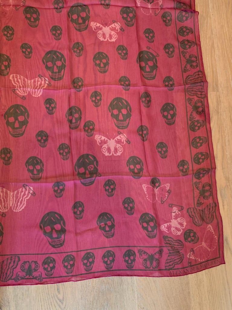 New Alexander Mcqueen Silk Butterfly and Skull Semi-Sheer Fuchsia Red Scarf  For Sale 2