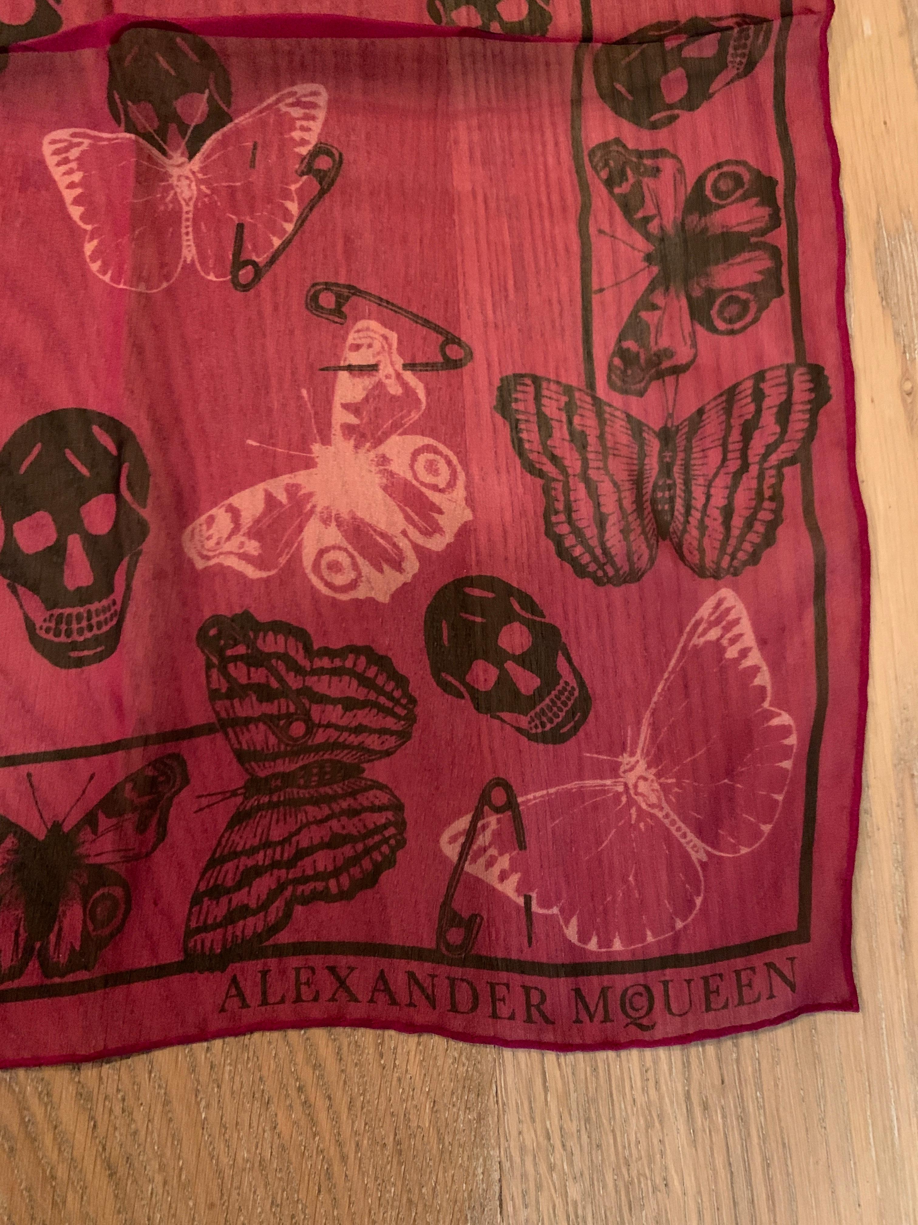 Women's or Men's New Alexander Mcqueen Silk Butterfly and Skull Semi-Sheer Fuchsia Red Scarf 