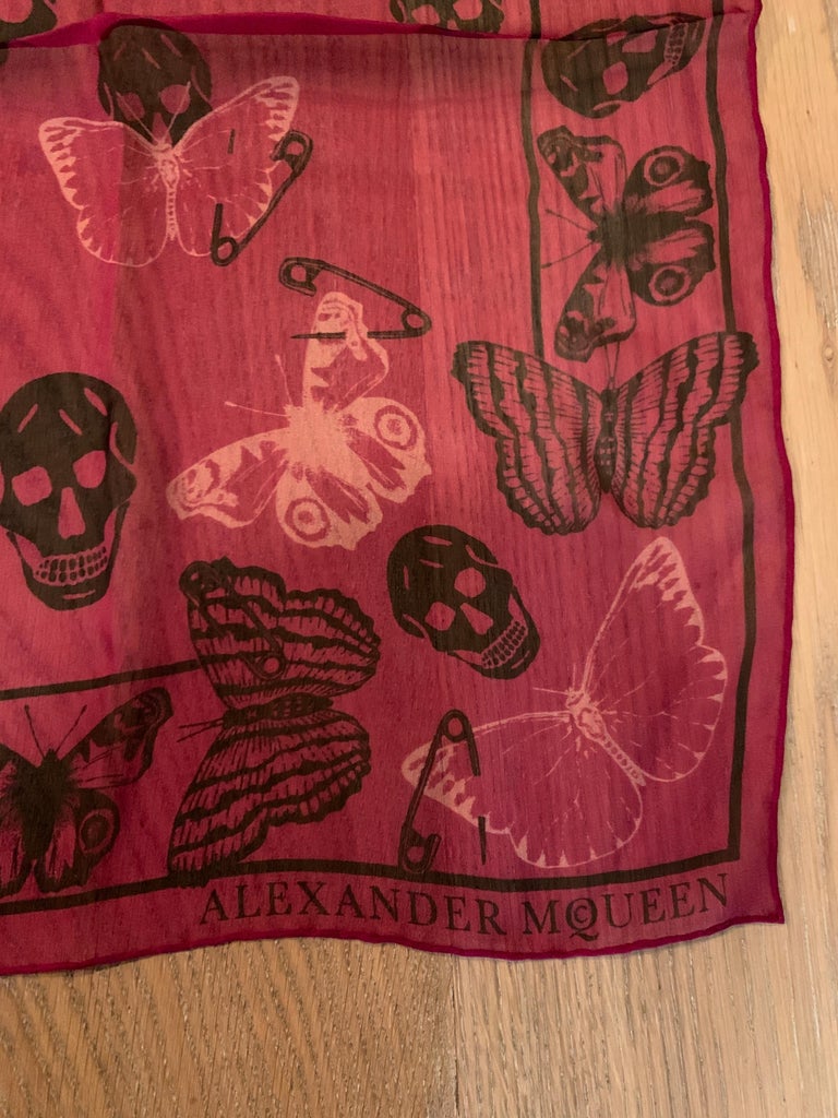 New Alexander Mcqueen Silk Butterfly and Skull Semi-Sheer Fuchsia Red Scarf  For Sale 3