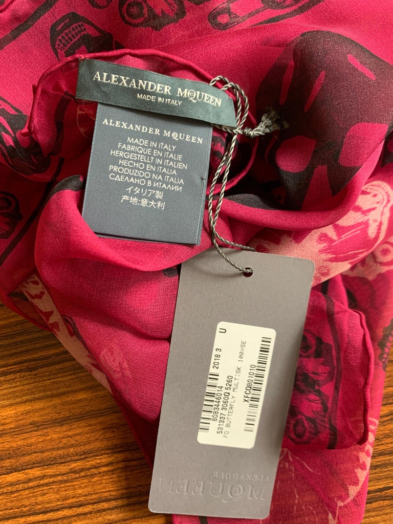 New Alexander Mcqueen Silk Butterfly and Skull Semi-Sheer Fuchsia Red Scarf  For Sale 4
