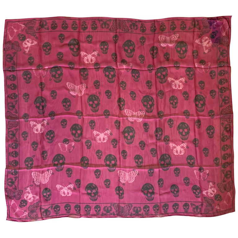 New Alexander Mcqueen Silk Butterfly and Skull Semi-Sheer Fuchsia Red Scarf  For Sale