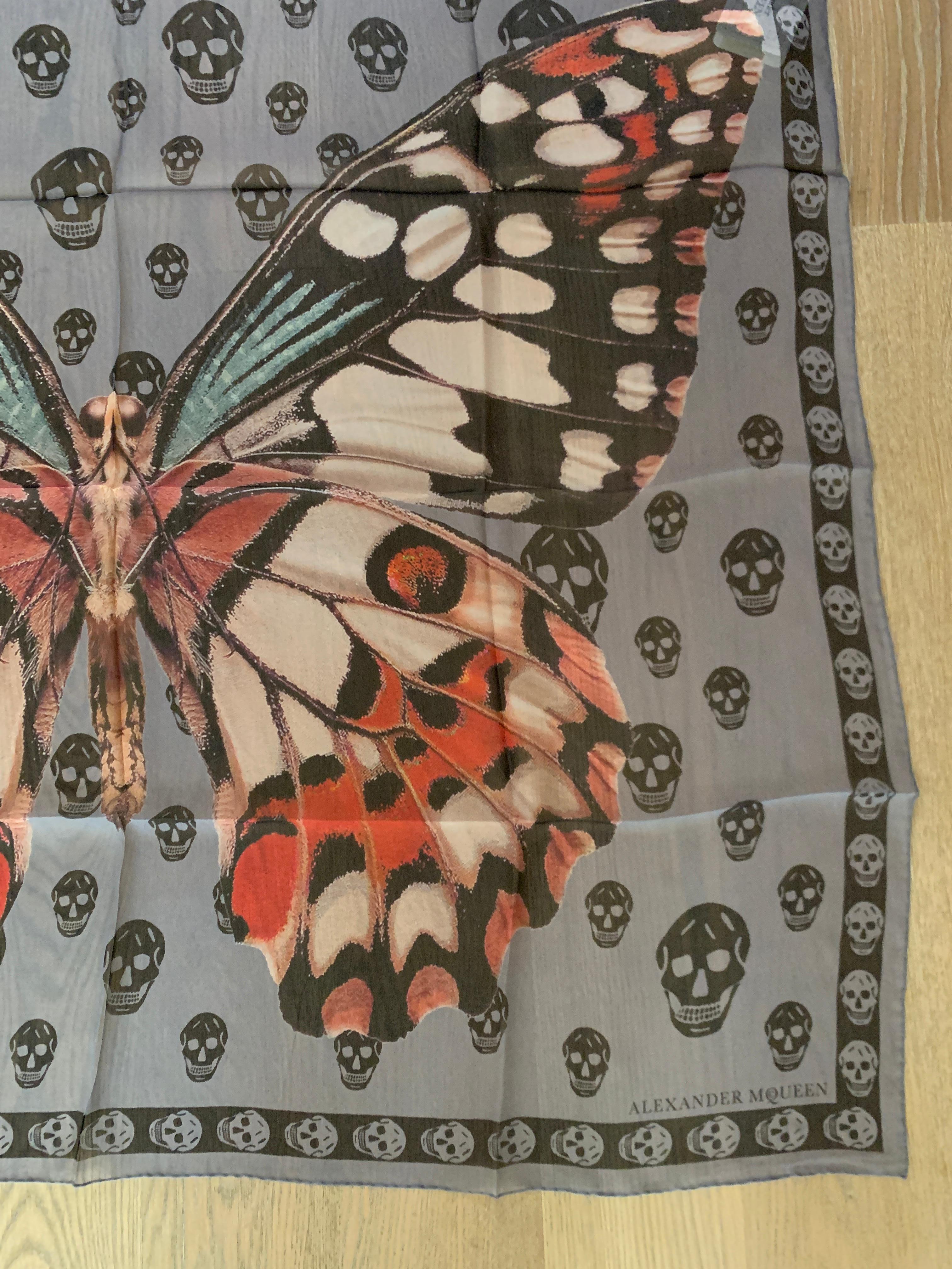 Gray New Alexander Mcqueen Silk Butterfly and Skull Semi-Sheer Grey Scarf 