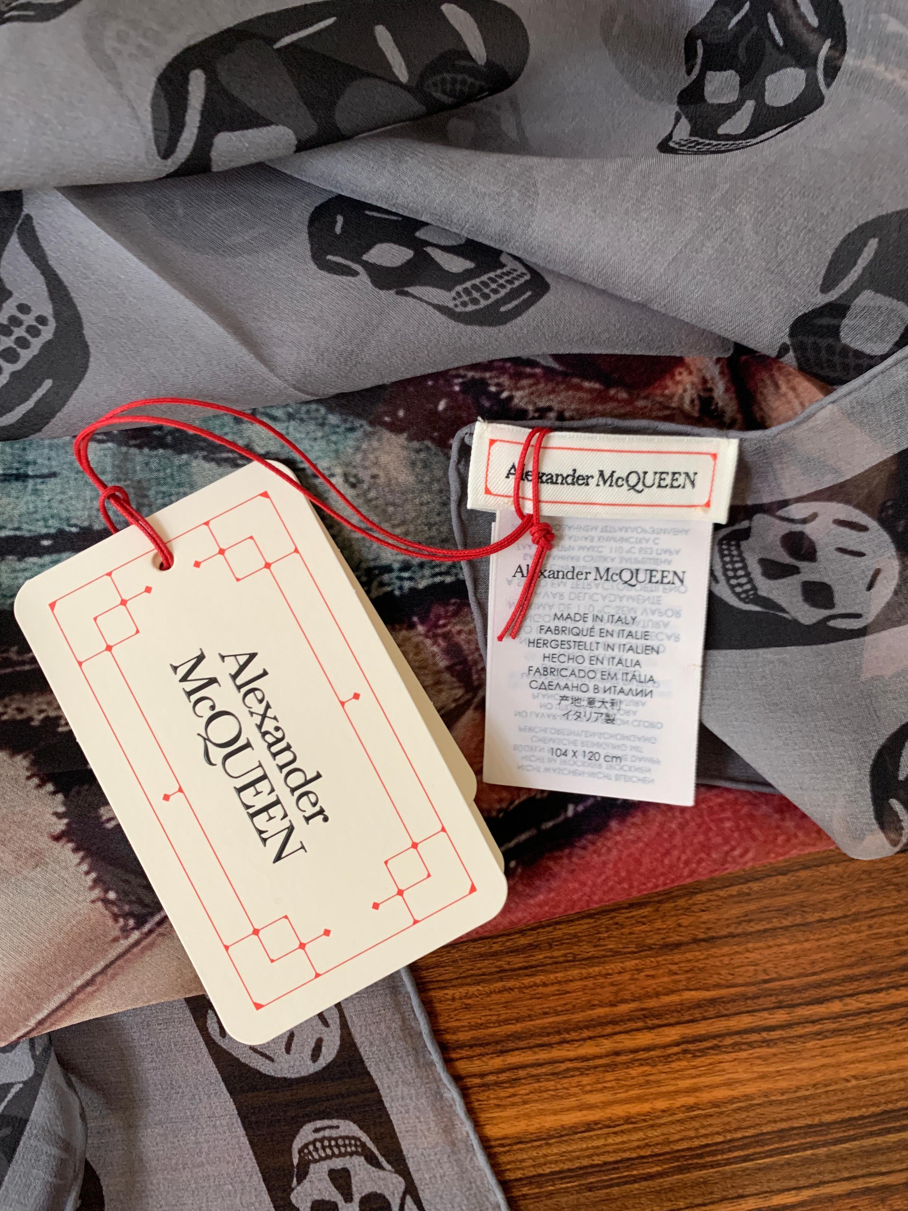 New Alexander Mcqueen Silk Butterfly and Skull Semi-Sheer Grey Scarf  In New Condition In San Francisco, CA