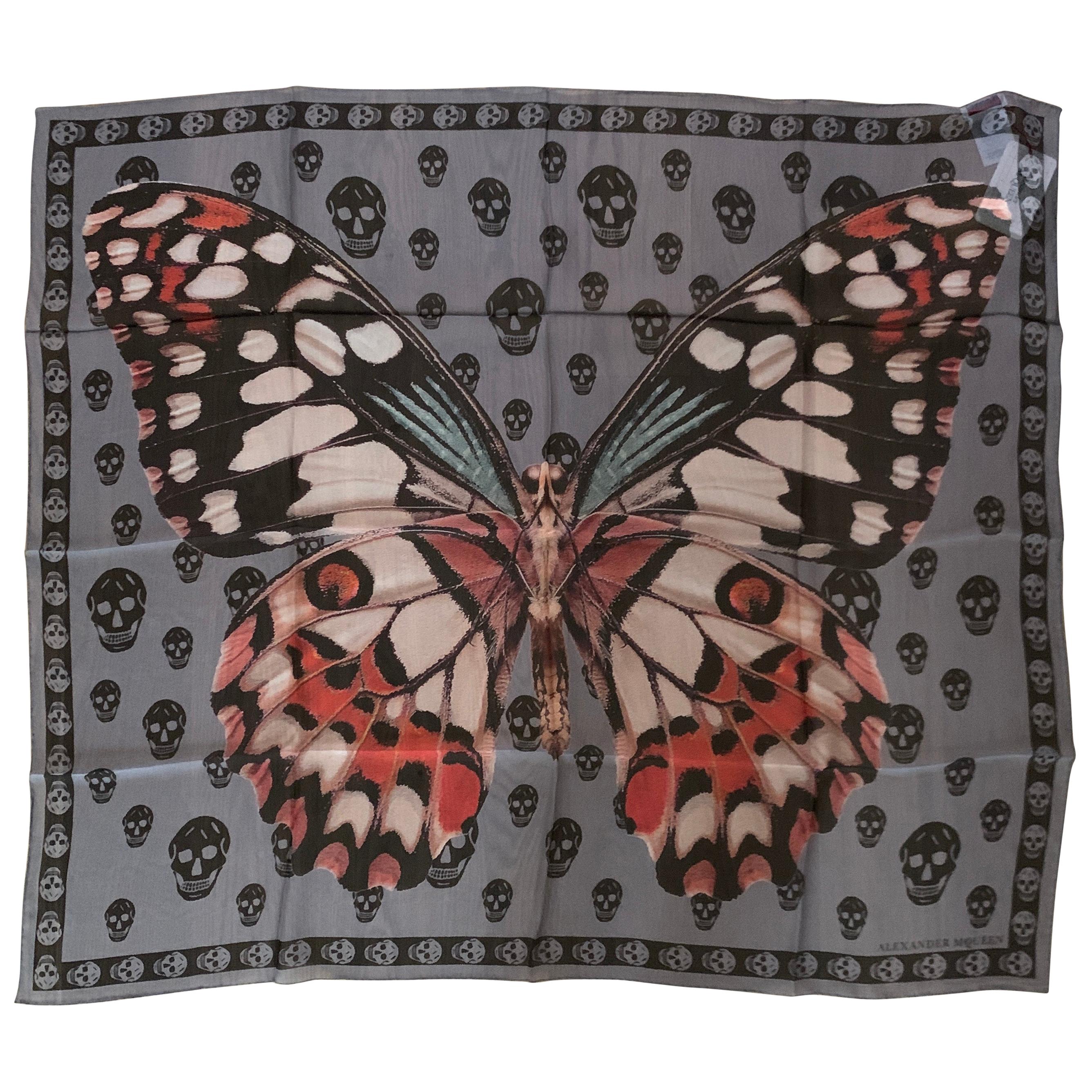 New Alexander Mcqueen Silk Butterfly and Skull Semi-Sheer Grey Scarf 