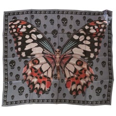 New Alexander Mcqueen Silk Butterfly and Skull Semi-Sheer Grey Scarf
