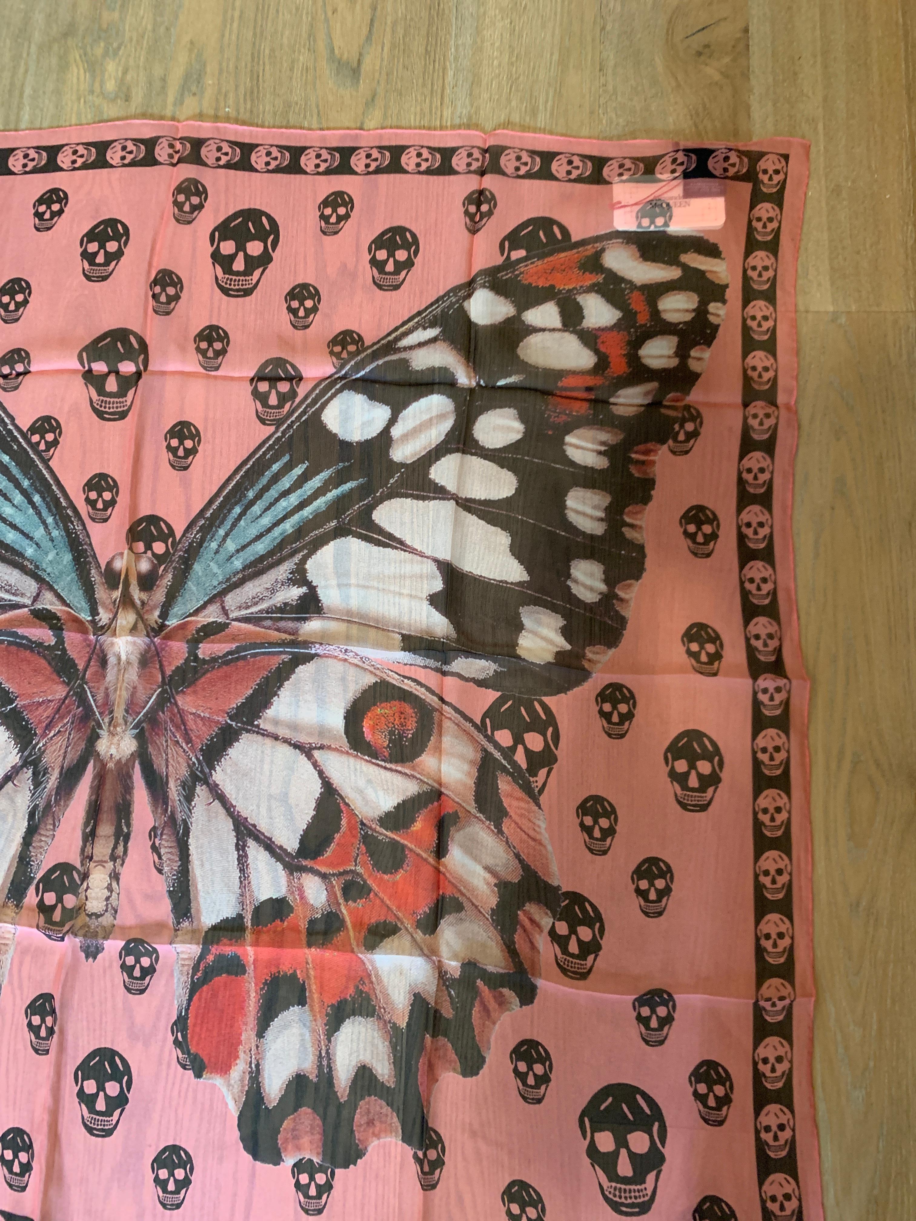 Brown New Alexander Mcqueen Silk Butterfly and Skull Semi-Sheer Pink Scarf