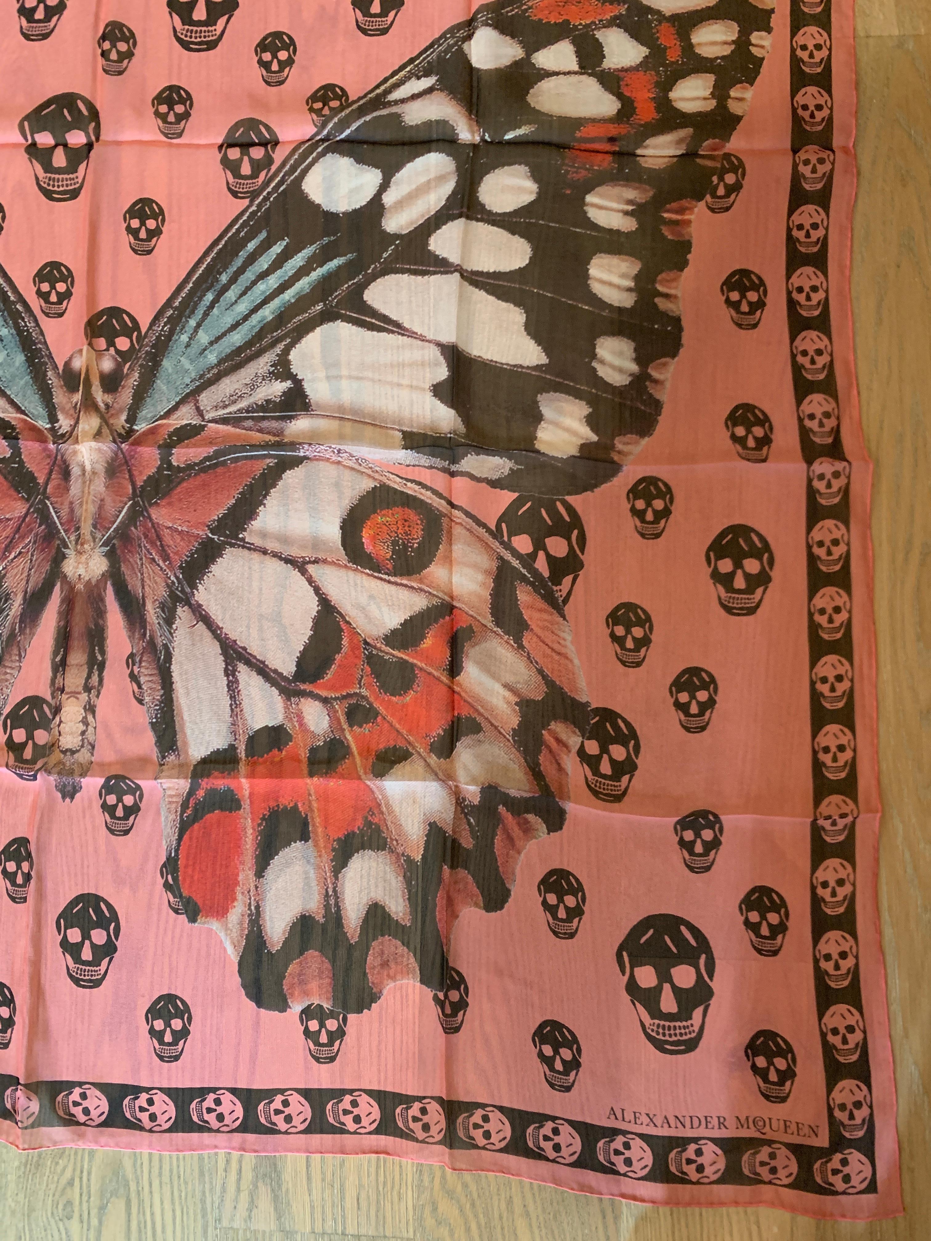 New Alexander Mcqueen Silk Butterfly and Skull Semi-Sheer Pink Scarf  In New Condition In San Francisco, CA