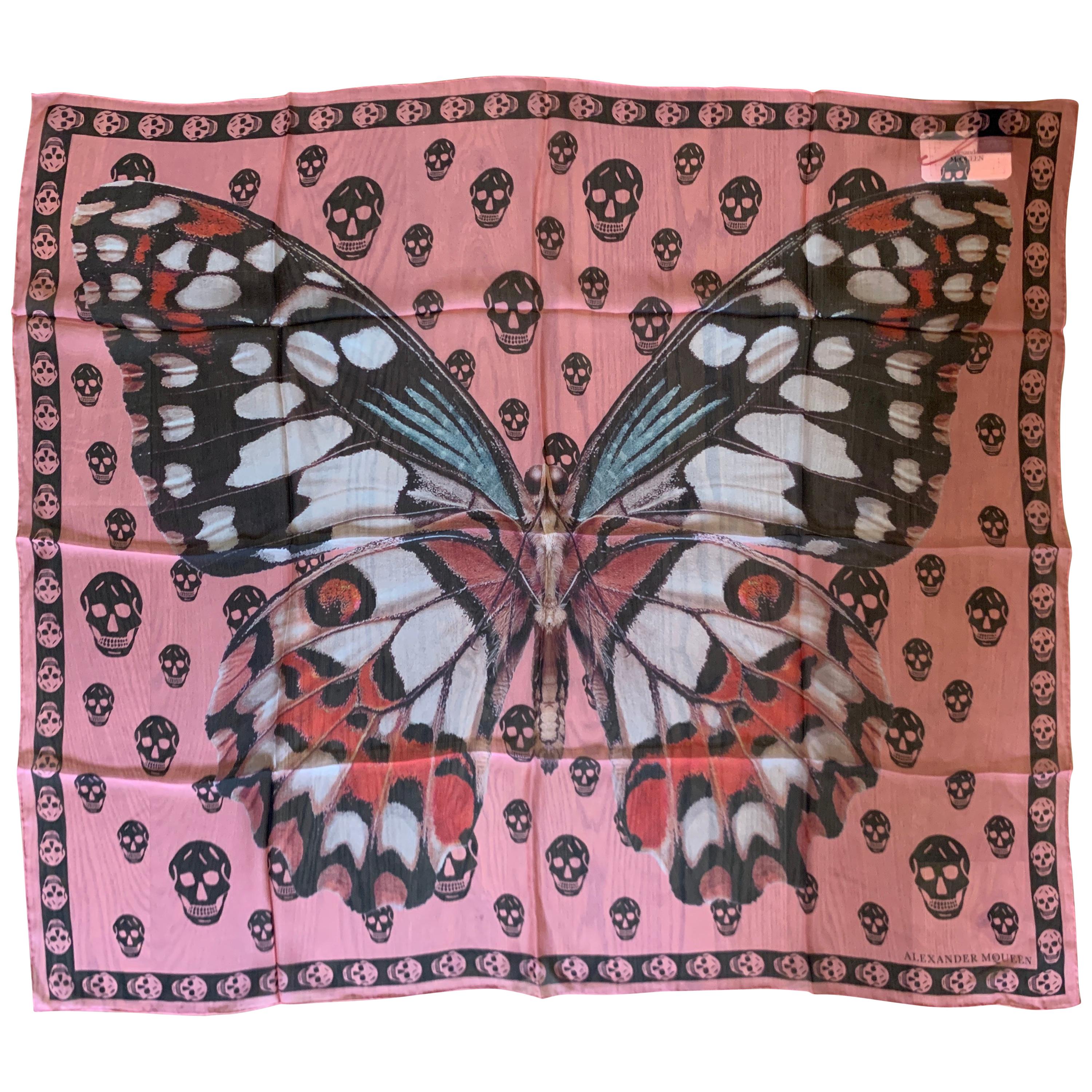 New Alexander Mcqueen Silk Butterfly and Skull Semi-Sheer Pink Scarf 