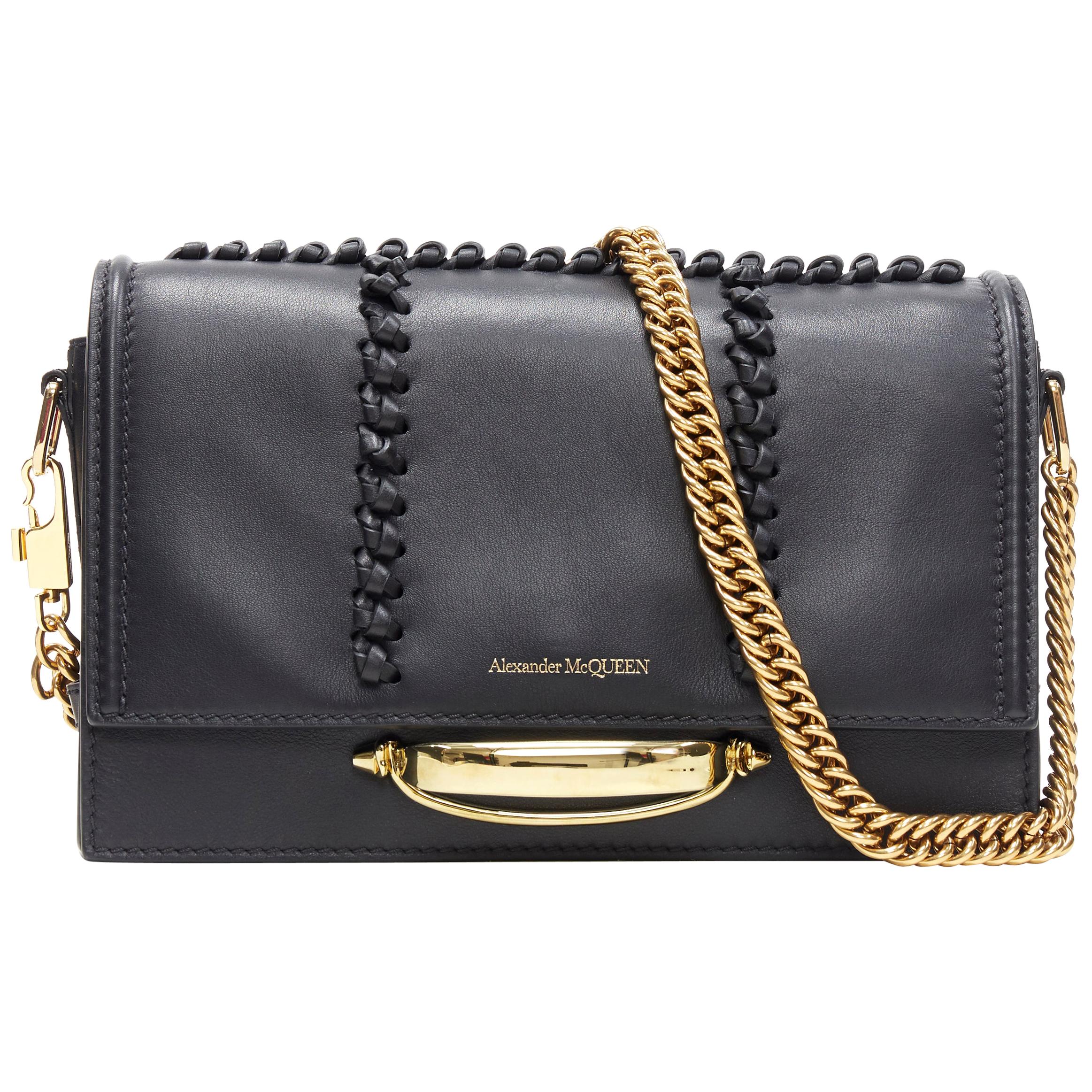new ALEXANDER MCQUEEN The Story black leather whipstitch gold knuckle chain bag