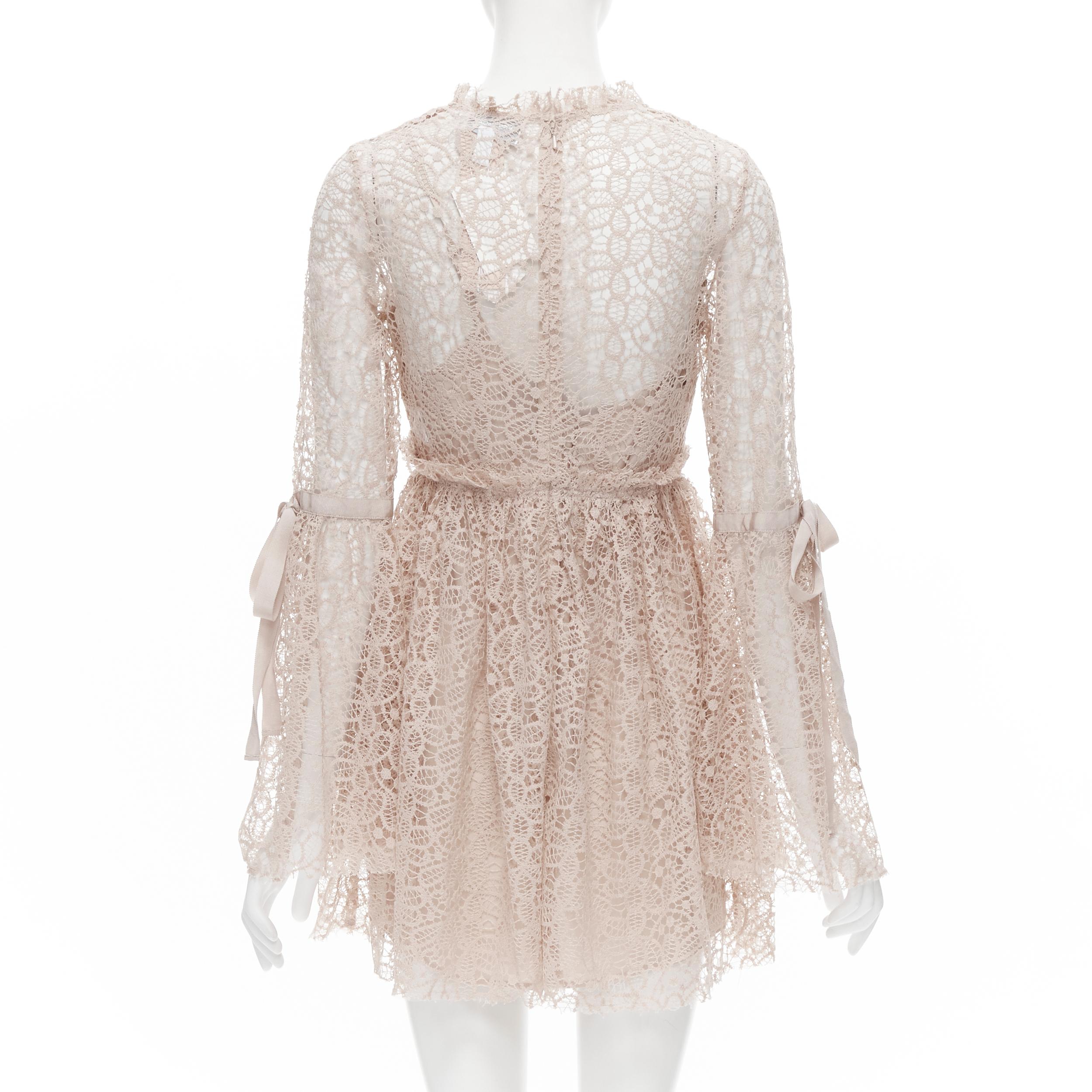 Beige new ALICE MCCALL Back To You nude lace ribbon tie bell flared mini dress US4  S For Sale