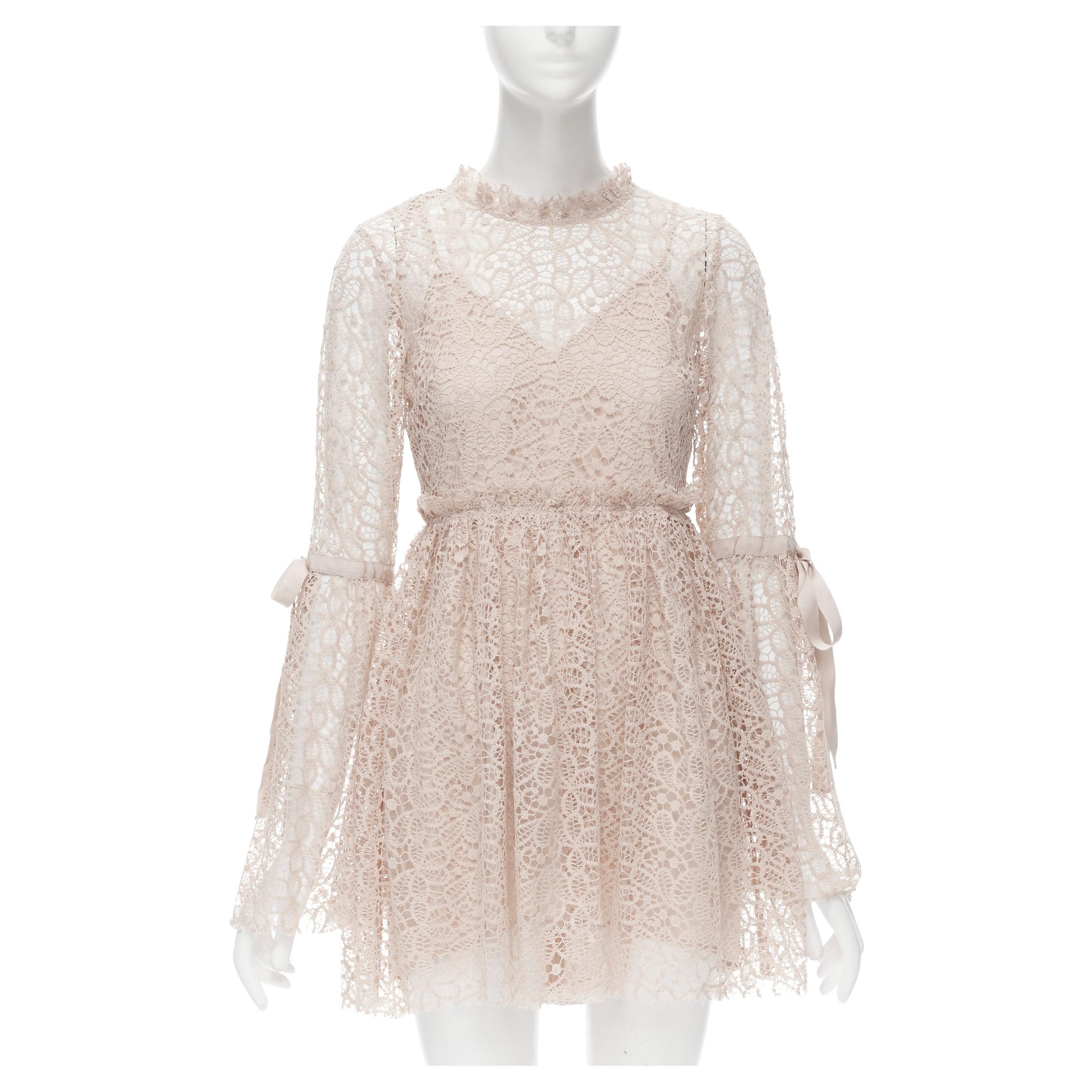 new ALICE MCCALL Back To You nude lace ribbon tie bell flared mini dress US4  S For Sale