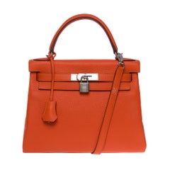Erstaunliche Hermès Kelly 28 retourne Handtasche aus orangefarbenem Feu-Leder, SHW