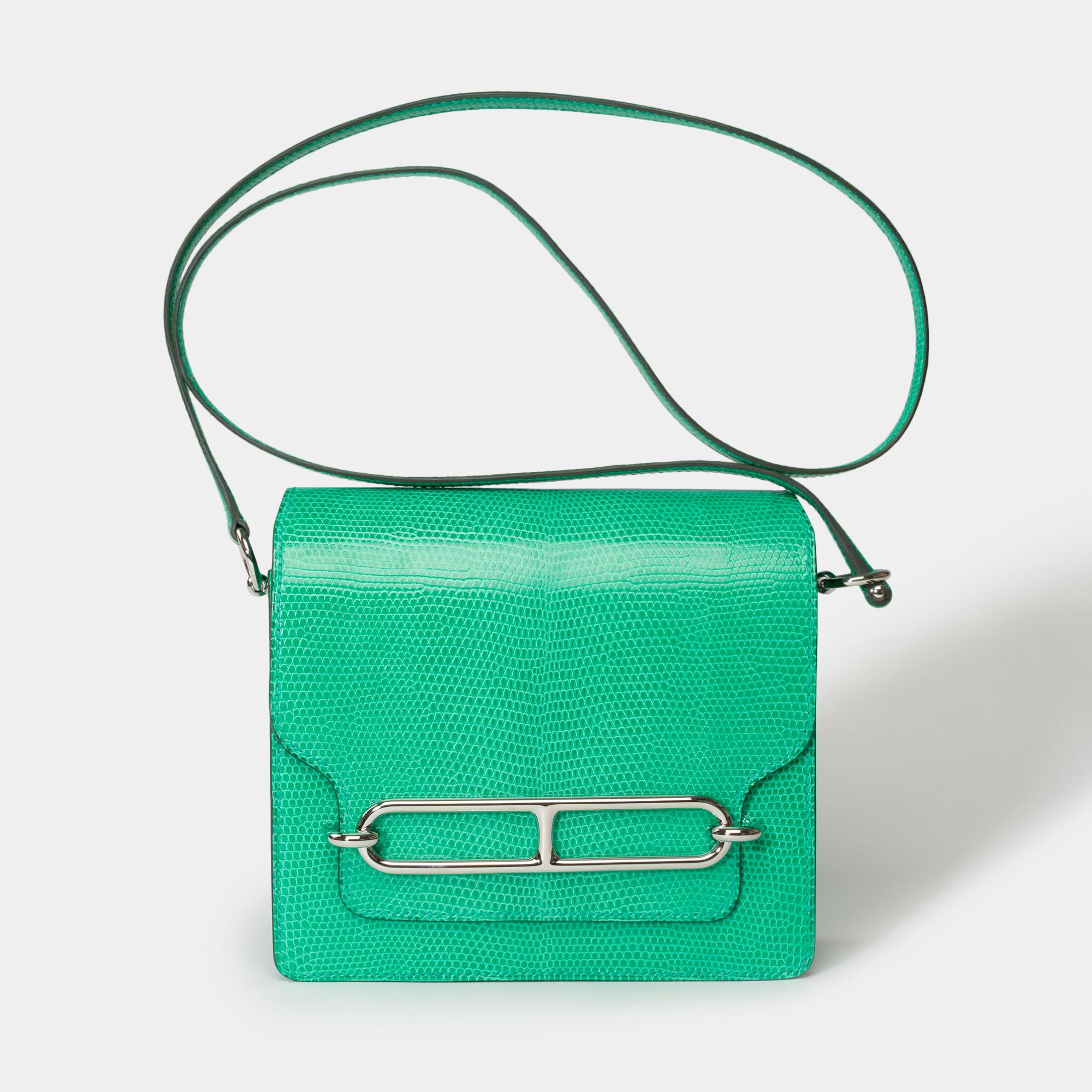 Amazing​ ​Roulis​ ​shoulder​ ​bag​ ​in​ ​mint​ ​green​ ​lizard,​ ​palladium​ ​silver​ ​metal​ ​trim,​ ​green​ ​lizard​ ​shoulder​ ​strap​ ​for​ ​a​ ​hand​ ​or​ ​shoulder​ ​or​ ​crossbody​ ​carry

Flap​ ​closure​ ​with​ ​palladium​ ​silver​ ​ink​