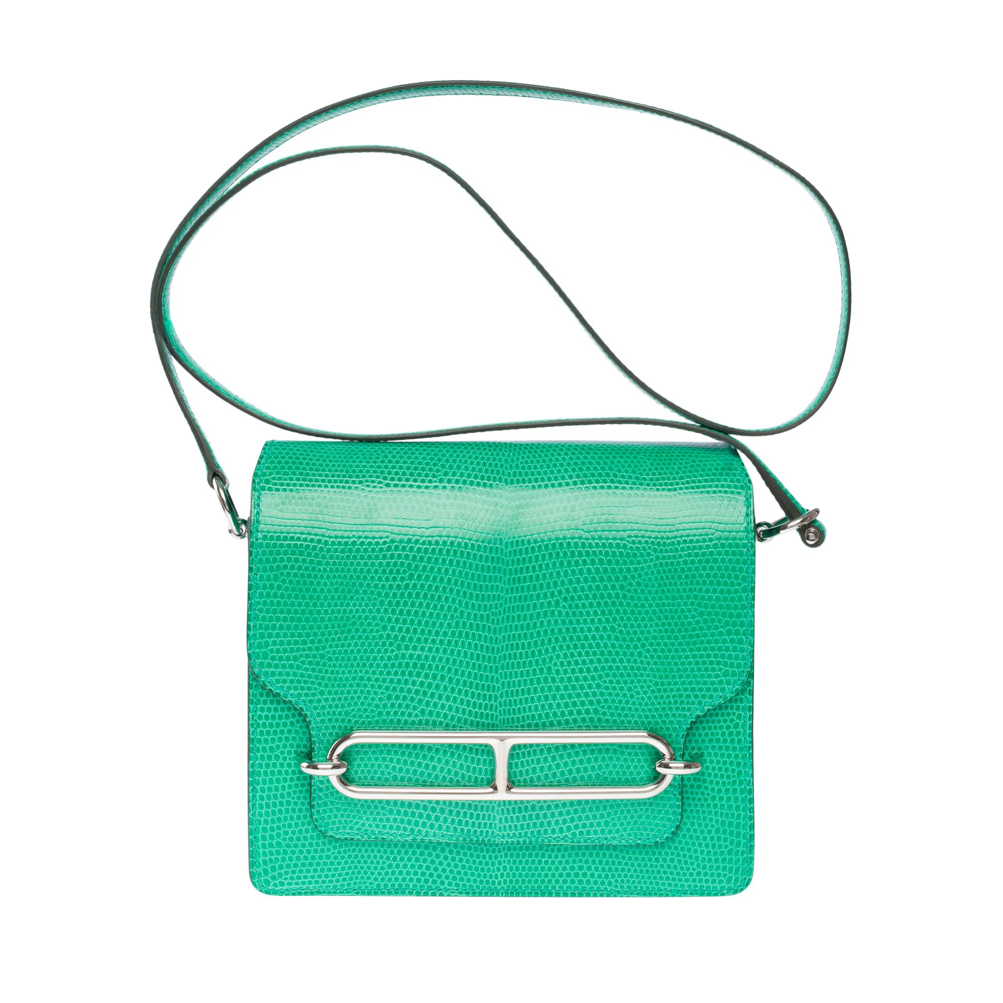 New Amazing Hermès Roulis 18 shoulder bag in mint green lizard, SHW In New Condition For Sale In Paris, IDF
