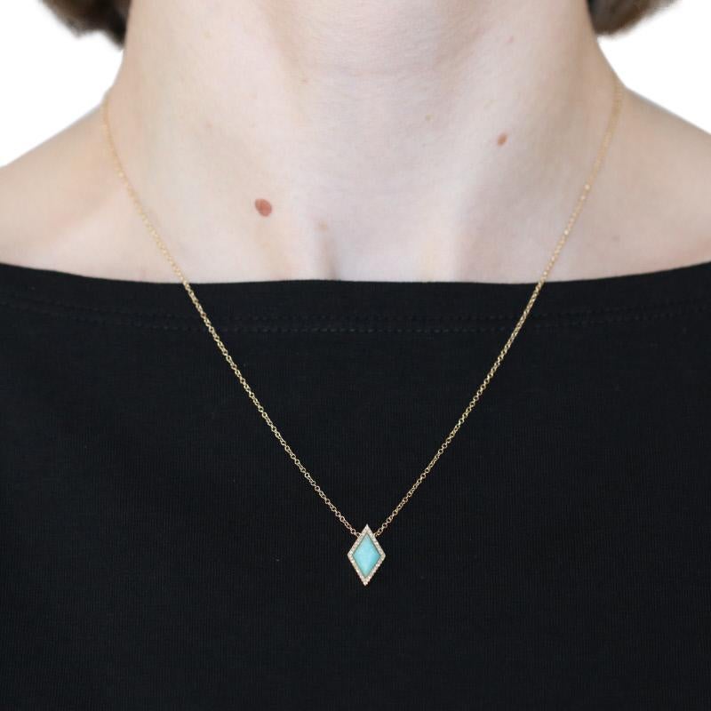 Amazonite and Diamond Necklace, 14 Karat Yellow Gold Halo Adjustable Cable In New Condition In Greensboro, NC
