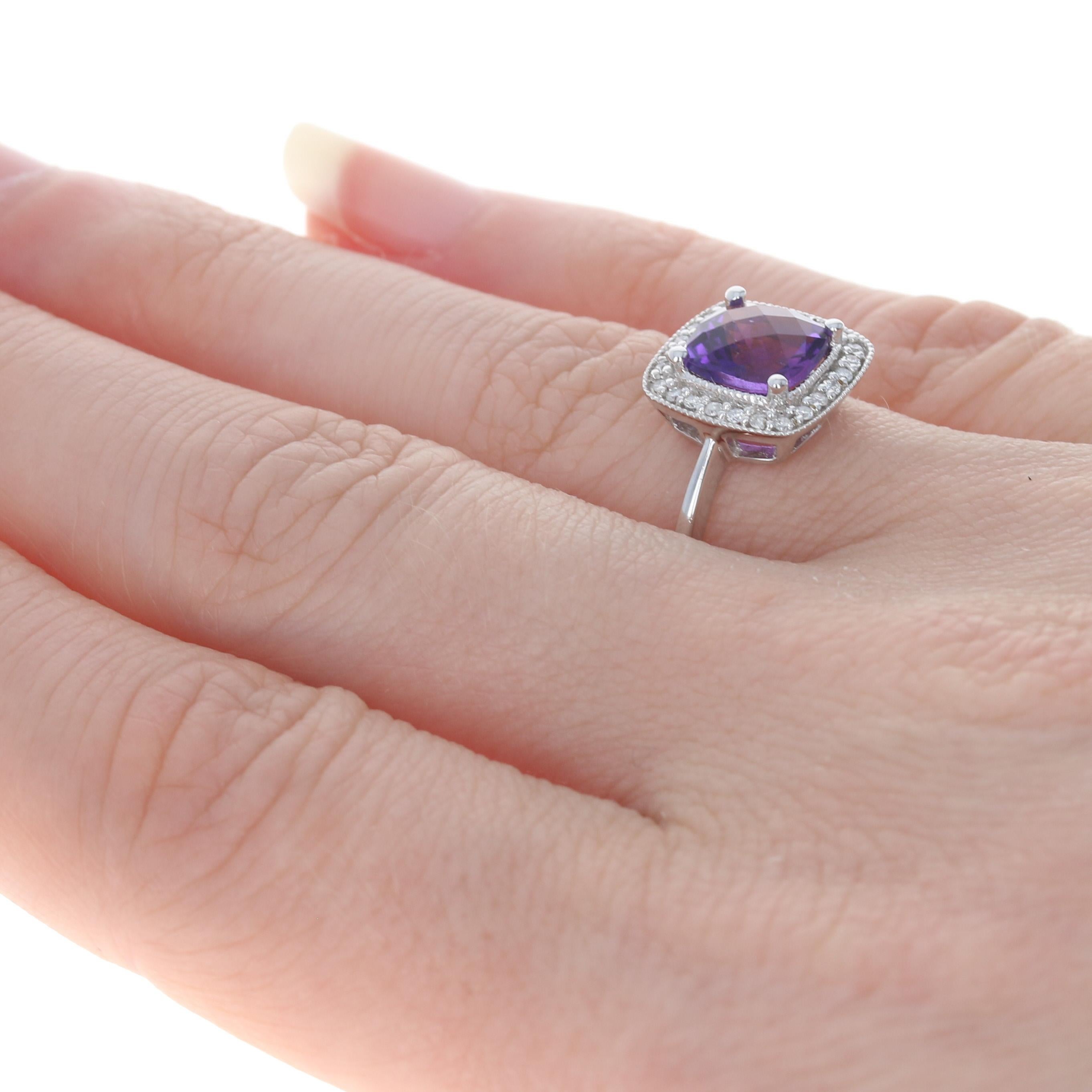 New Amethyst & Diamond Halo Ring, 10k White Gold Checkerboard Cushion 1.57ctw In New Condition For Sale In Greensboro, NC