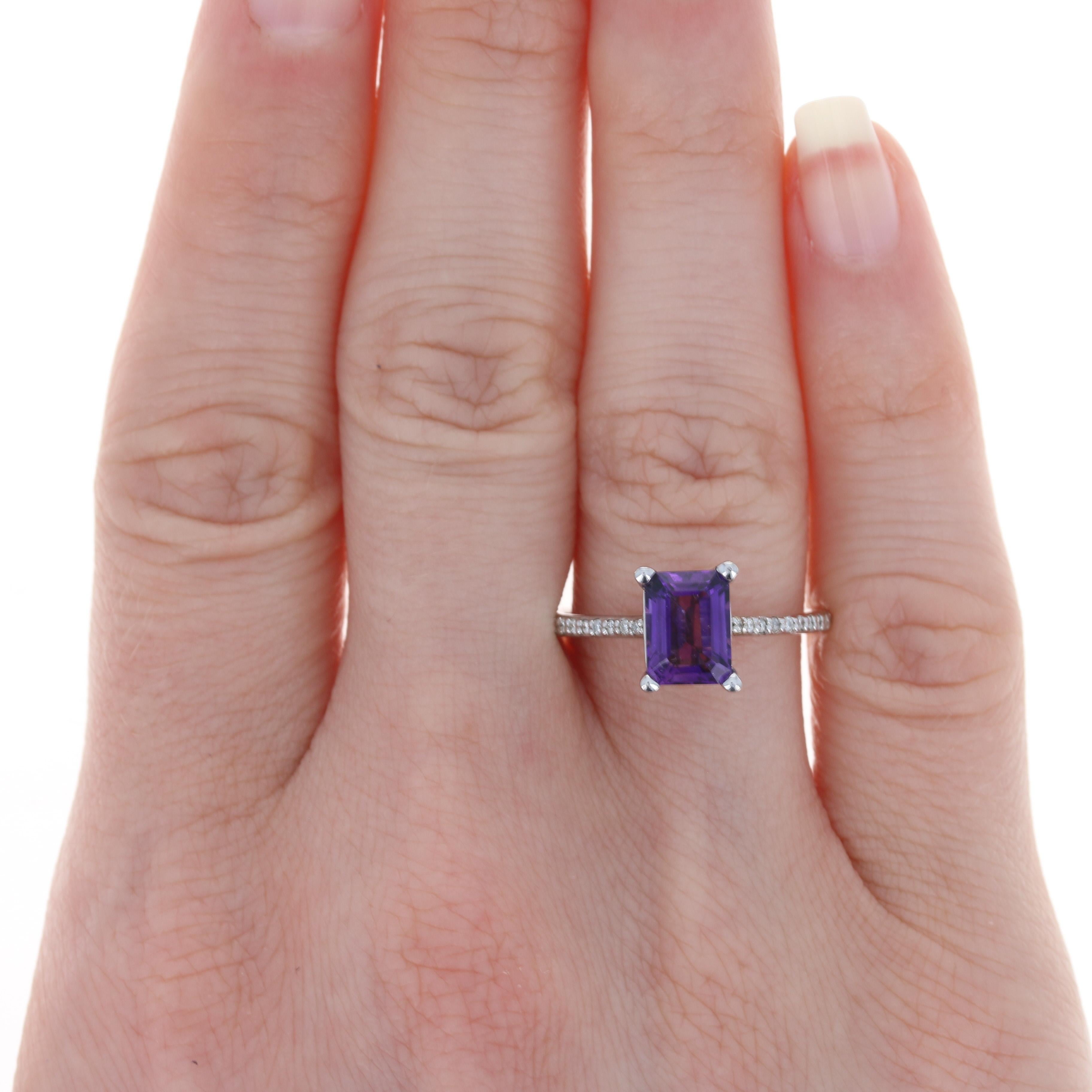 For Sale:  New Amethyst & Diamond Ring, 10k White Gold Emerald Cut 1.66ctw 2