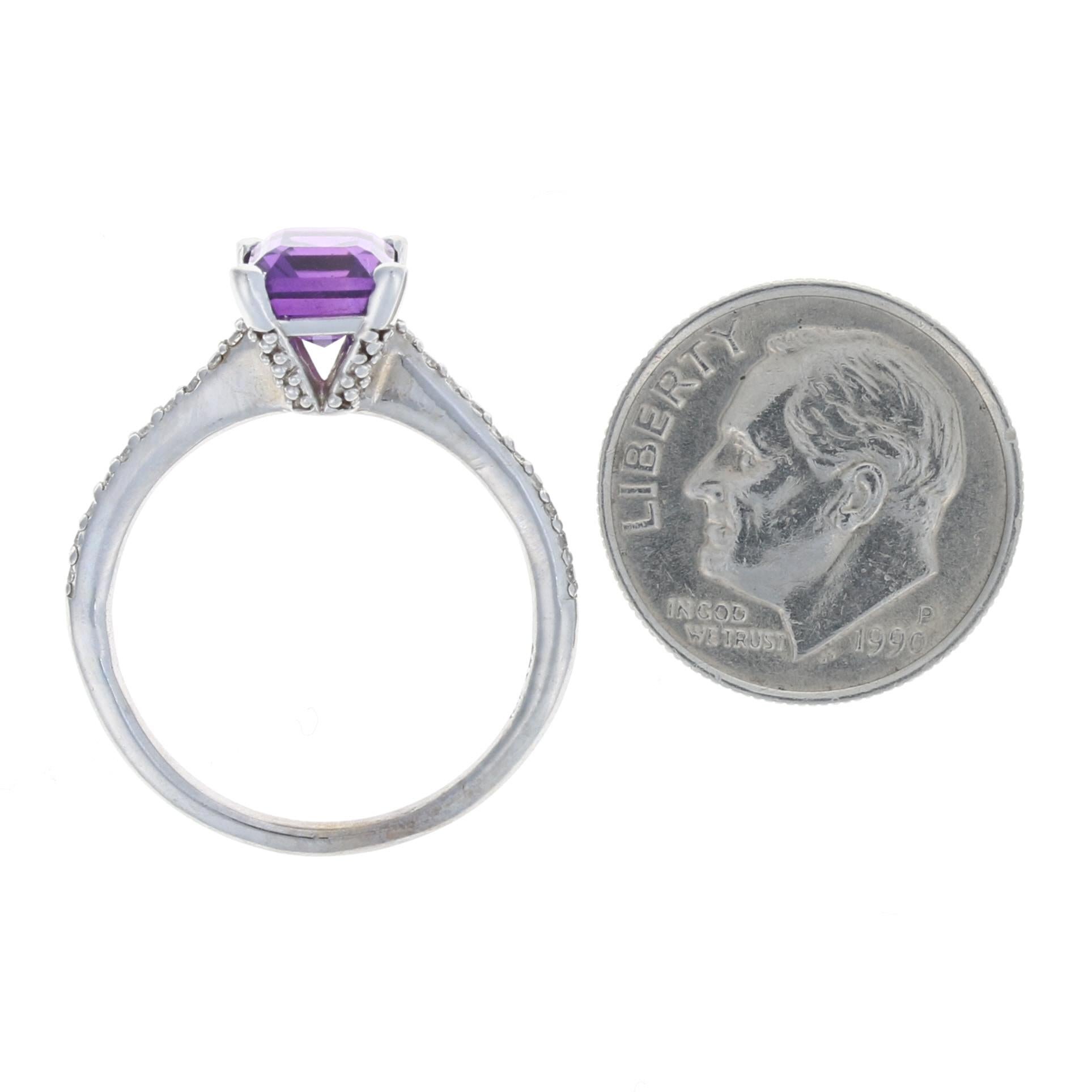 For Sale:  New Amethyst & Diamond Ring, 10k White Gold Emerald Cut 1.66ctw 5
