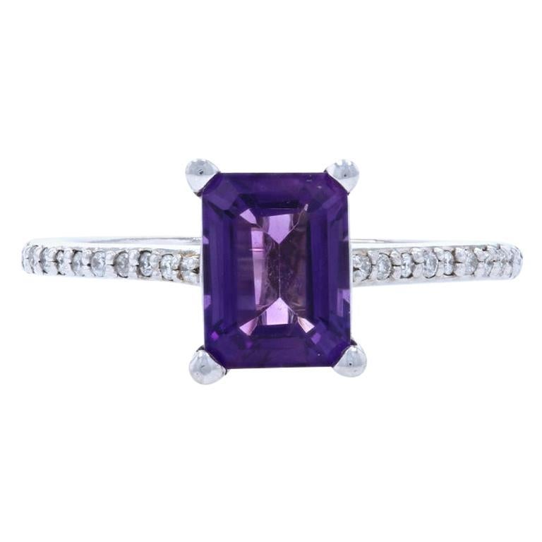 For Sale:  New Amethyst & Diamond Ring, 10k White Gold Emerald Cut 1.66ctw