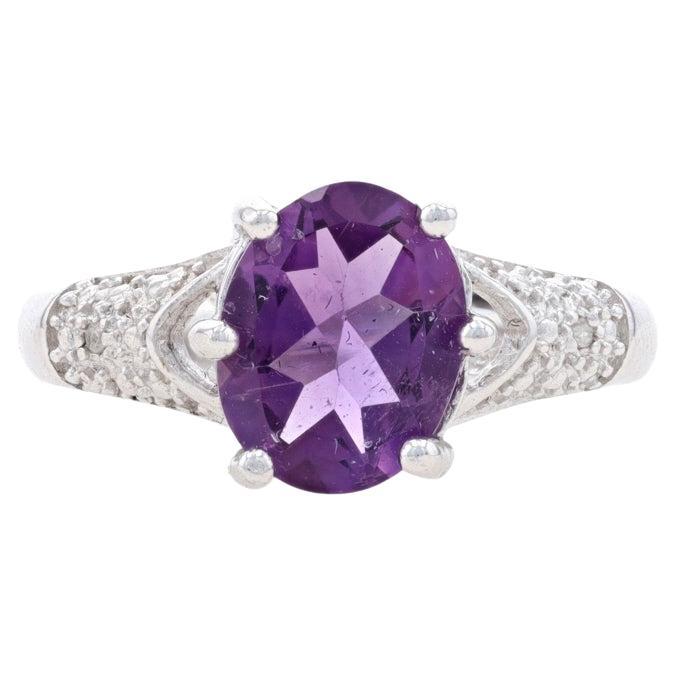 NEW Amethyst & Diamond Ring - Sterling Silver 925 Oval 2.29ctw Size 7 For Sale