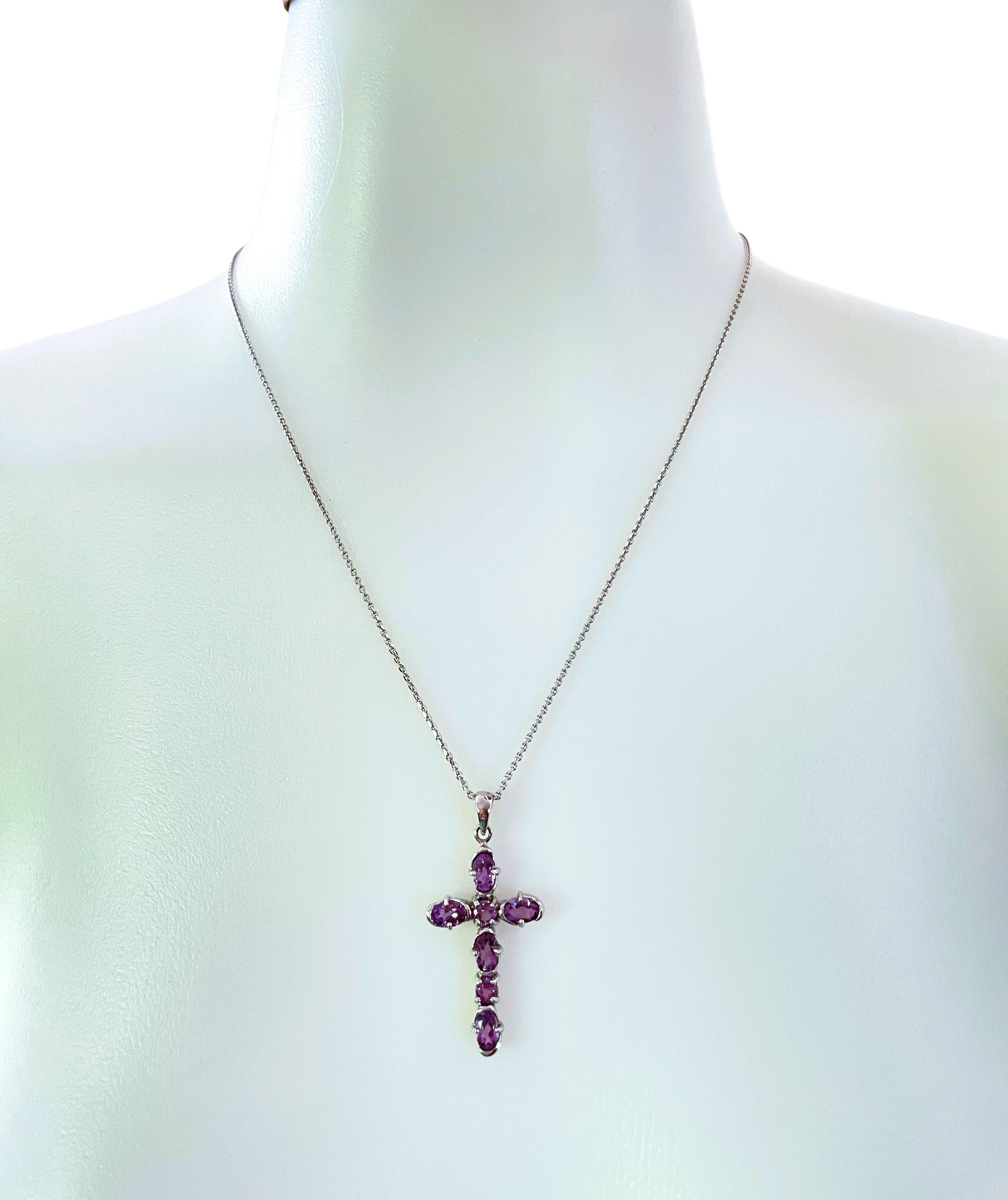 Art Deco New Amethyst Sterling Silver Cross Necklace with Adjustable Chain For Sale