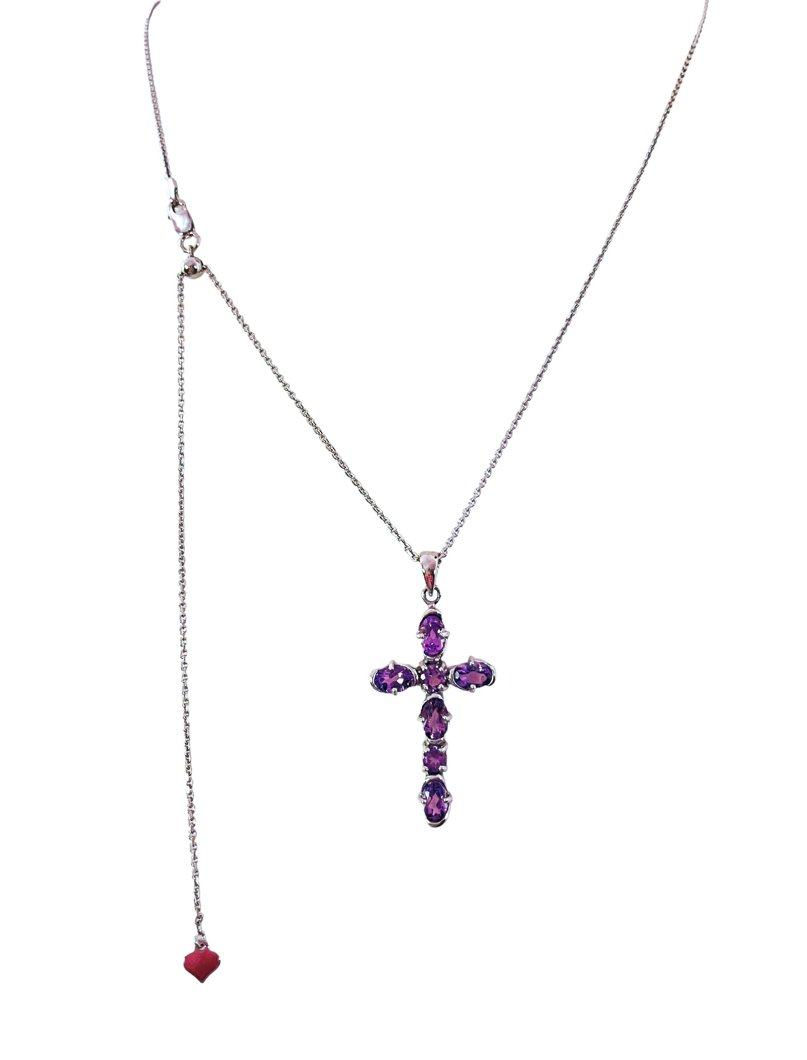Oval Cut New Amethyst Sterling Silver Cross Necklace with Adjustable Chain For Sale