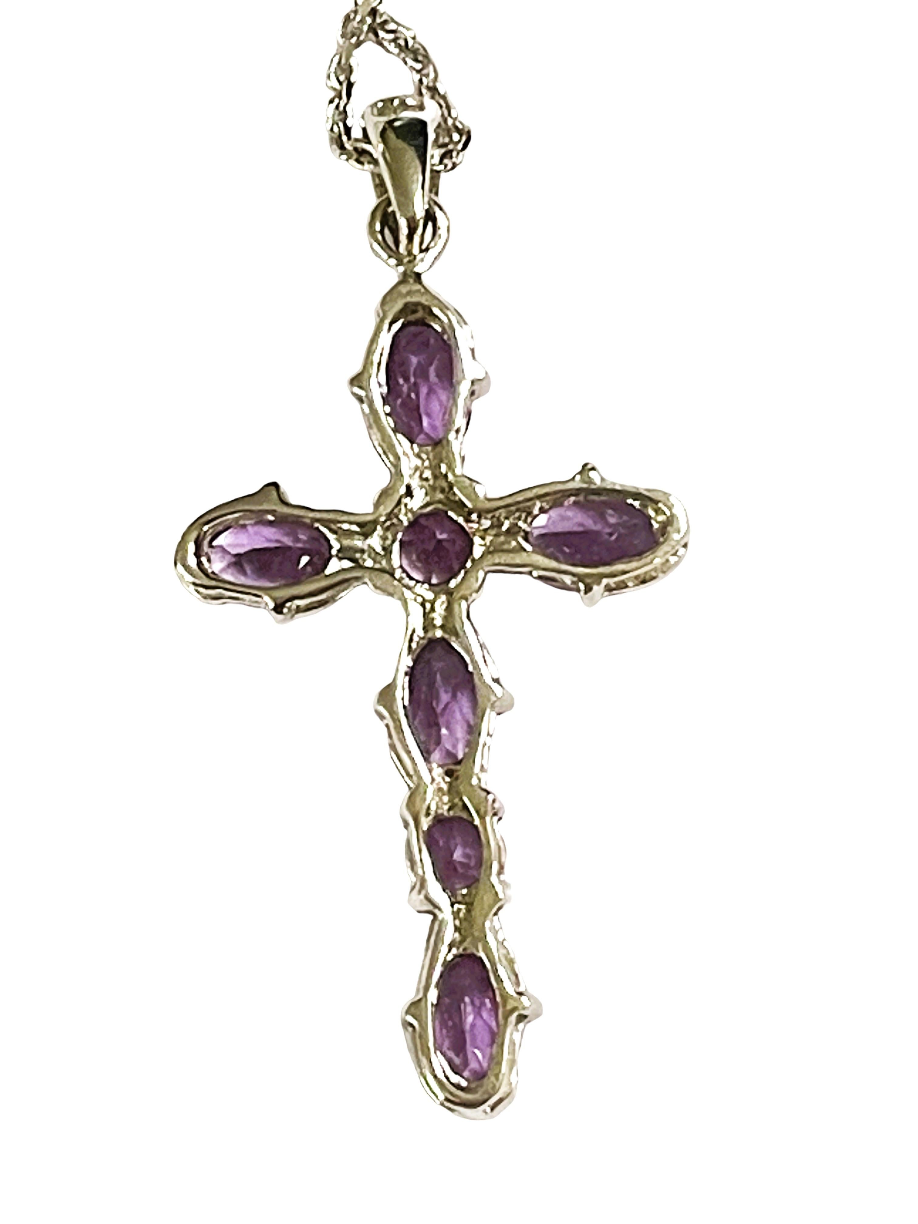 New Amethyst Sterling Silver Cross Necklace with Adjustable Chain For Sale 1