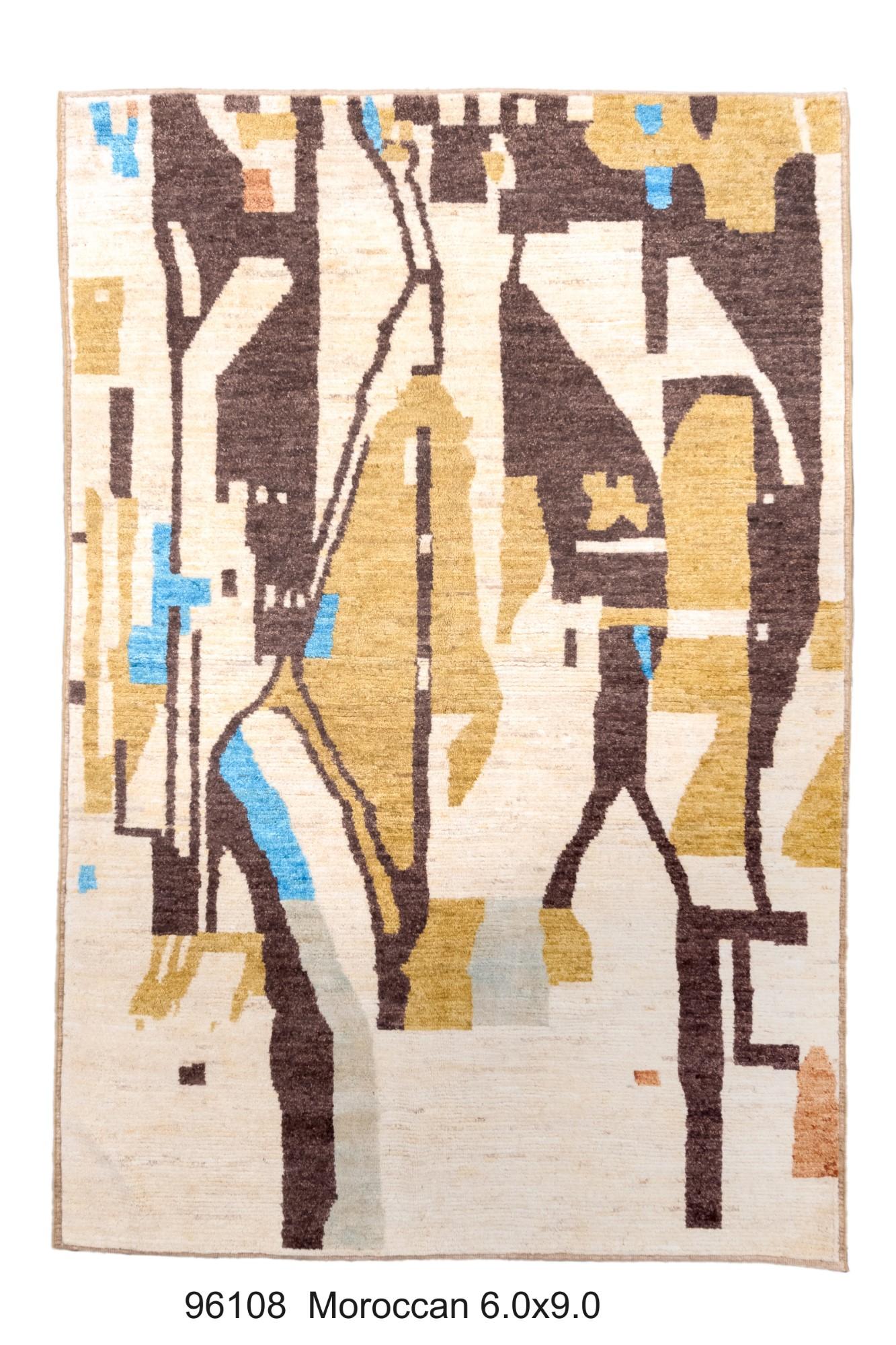 This is an attractive example of the current trend in Moroccans with abstract, geometric painterly designs, often, as here, on cream grounds. The brown, light blue and gold spills out to the edges. Any orientation is the correct one. The small