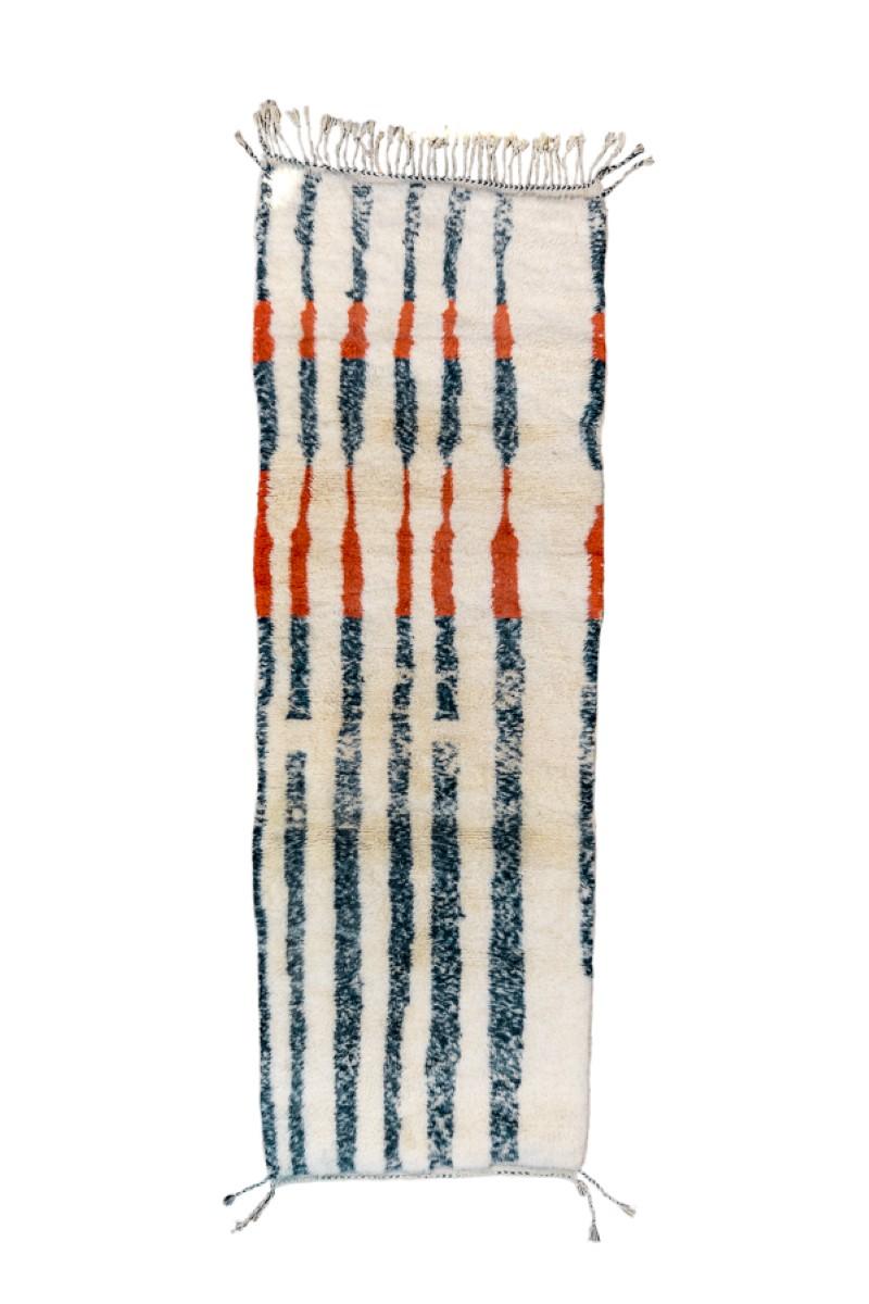 This bitonal kellegi (long rug) shows mottled abrashed grey vertical lines moving toward one edge and delivering progressively larger areas of off white. Very long pile. Tassels at corners and one end. As new condition. Coarse weave.
3.7x10'1.
