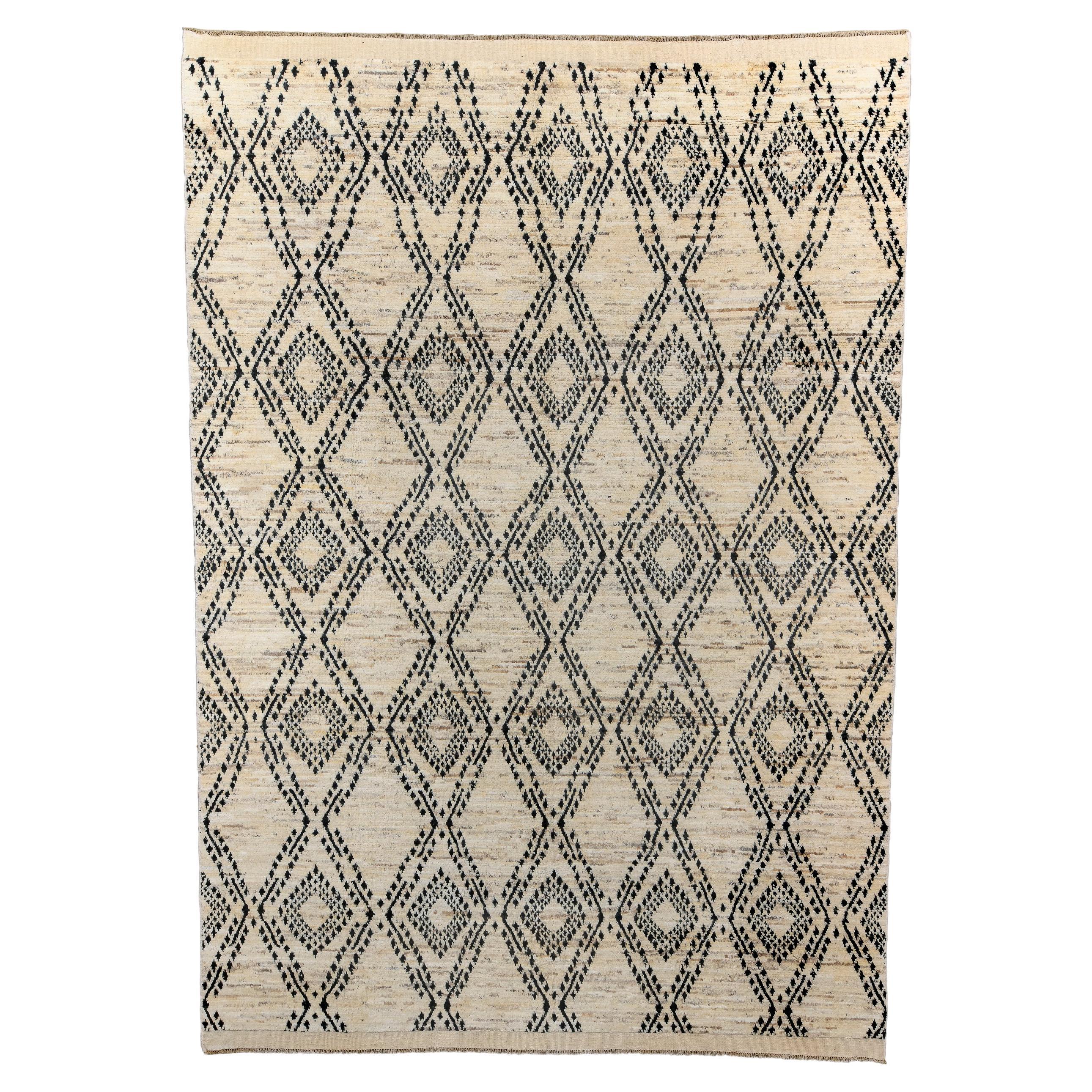 New and Modern Rug with Ecru Sand Field with Black Details For Sale