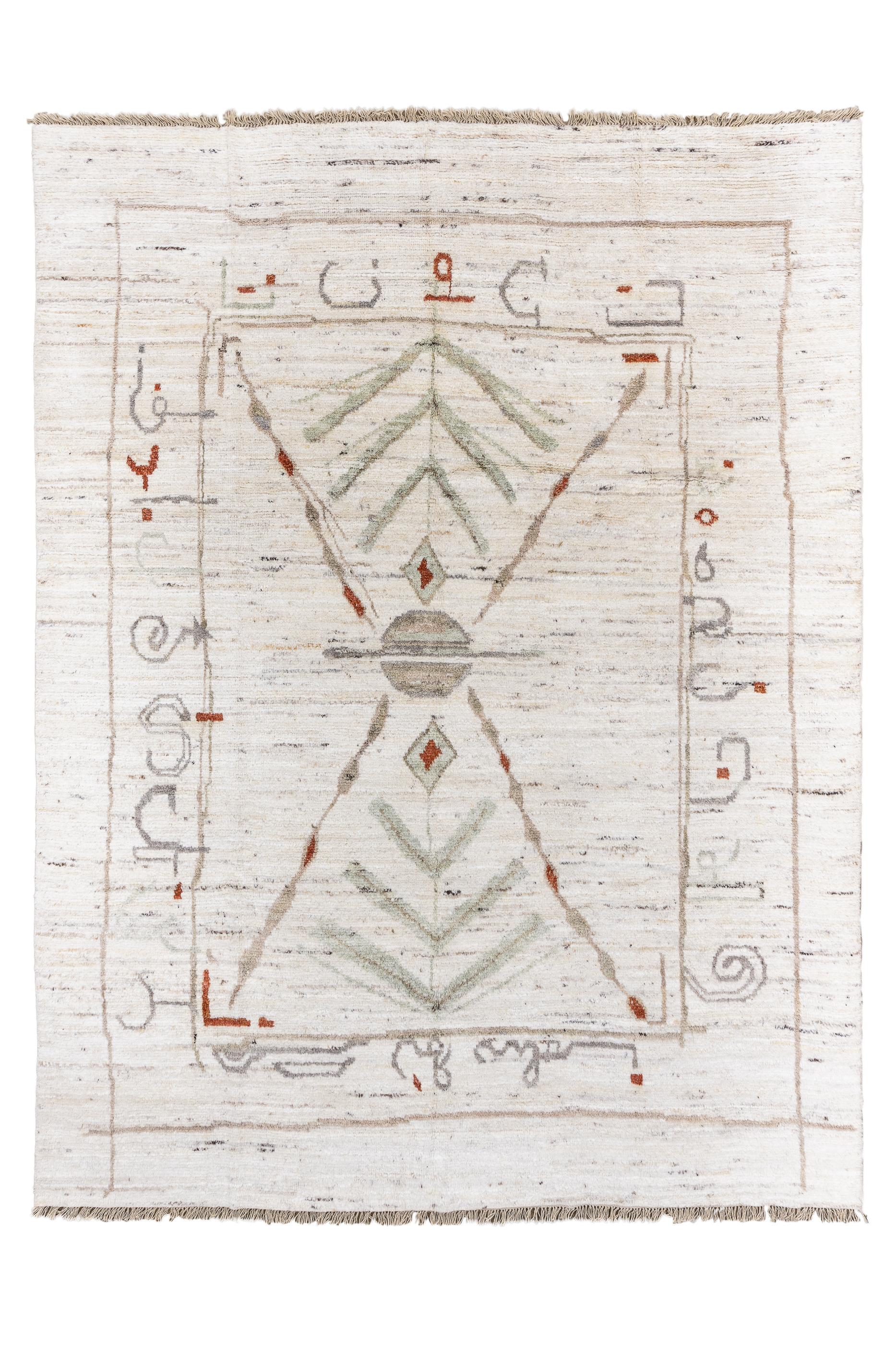 A very creative ecru field Tulu with a bold outline X design, with floating chevrons in the defined reserves. Central crossing point medallion. Inner line border with squiggles, rigourous outer line surround, ecru area within and to the edge.