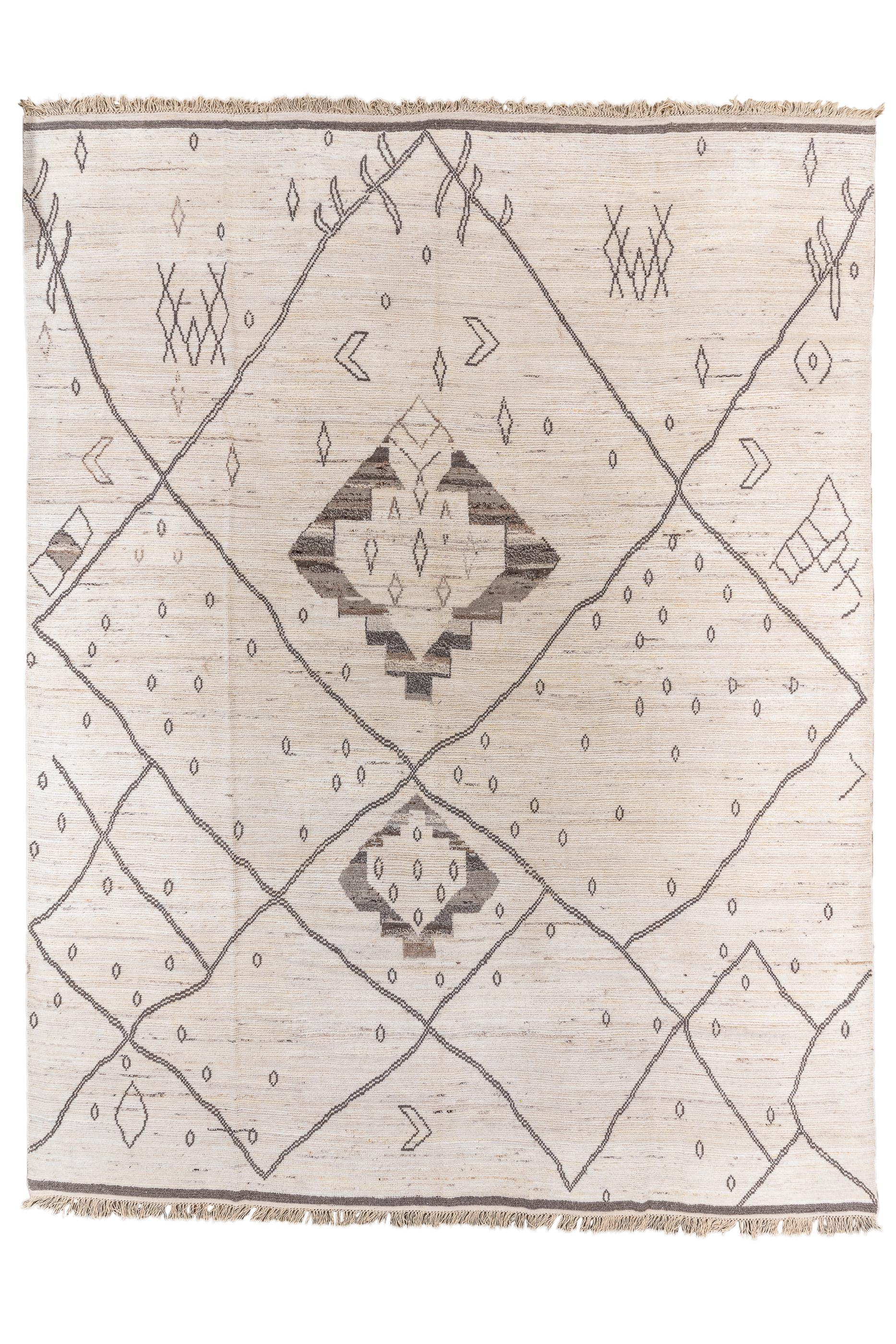 Looks and feels sort of like a contempo Moroccan, but actually it is an Indian village production, with a coarse weave supporting a simple, yet effective giant lozenge lattice design on a natural ecru field. Narrow plain darkest brown border. Coarse