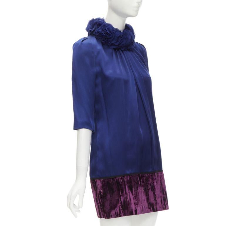 new ANDREW GN royal blue purple crushed velvet hem ruffle collar dress FR34 XS In New Condition In Hong Kong, NT